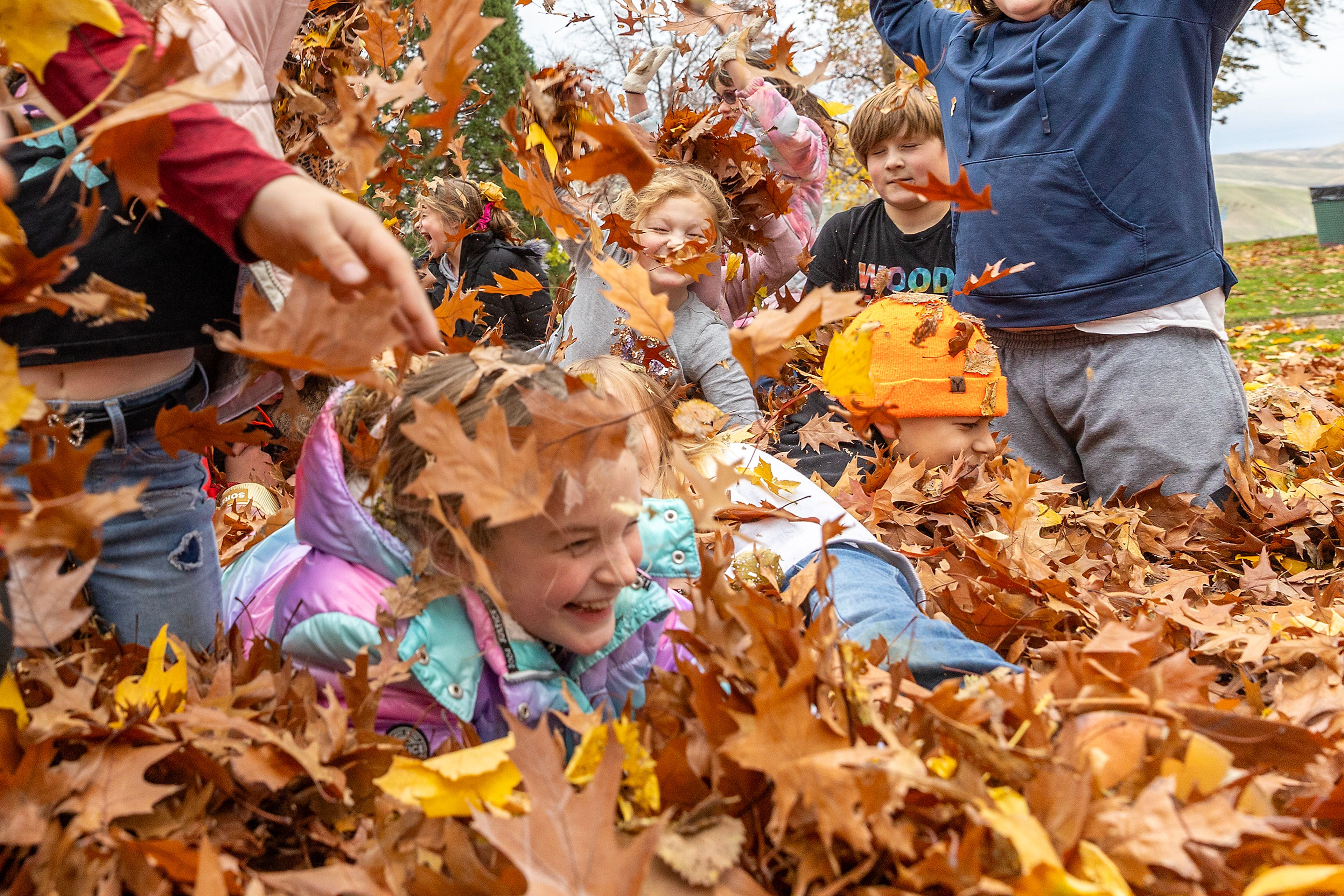 Kids from Children's House Montessori School play and bury themselves in a large pile of leaves at Pioneer Park Wednesday in Lewiston.