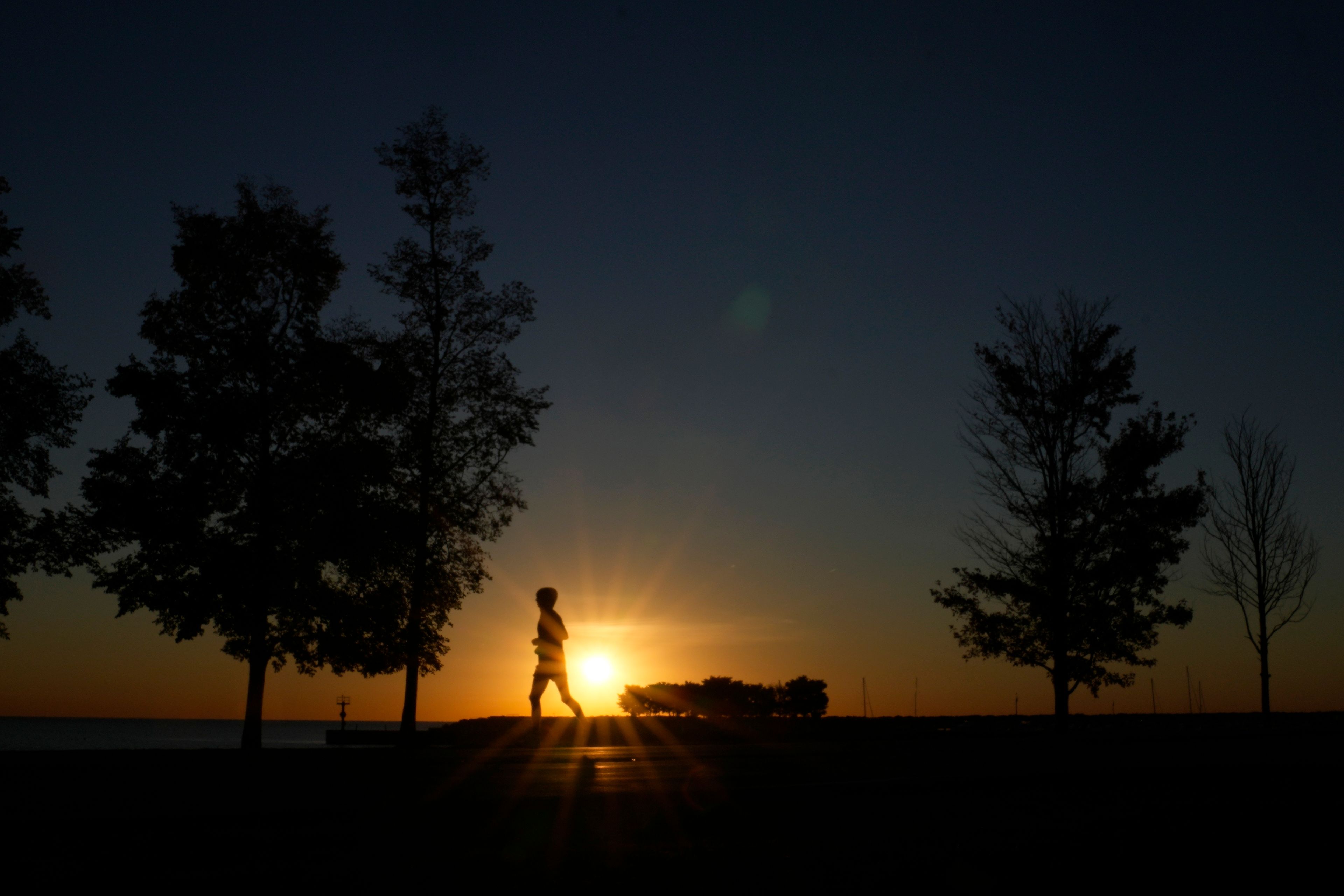 FILE - A man runs in silhouette on a bike path in the Bronzeville neighborhood of Chicago, as the sun rises over Lake Michigan on Oct. 17, 2024. (AP Photo/Charles Rex Arbogast, File)