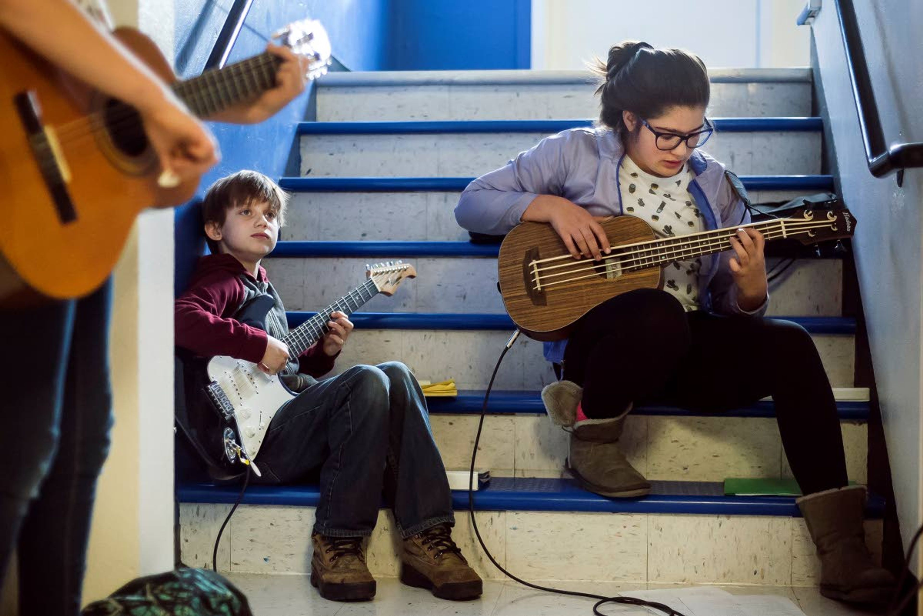 Blayne Mosman (left) and Faith Tiegs play a rendition of "All Star" by Smash Mouth with their pop band, "Generation Z," during modern band class at Nezperce School on Tuesday in Nezperce.