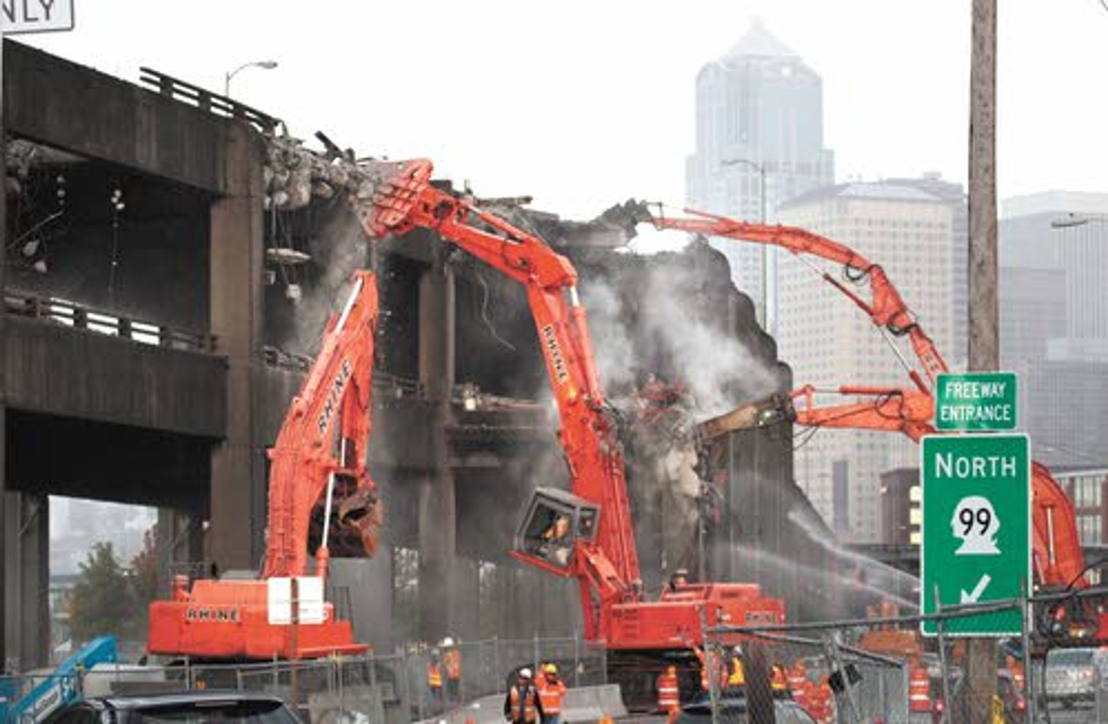 Work continues on the demolition of the Alaskan Way Viaduct
south of downtown Seattle Monday morning.