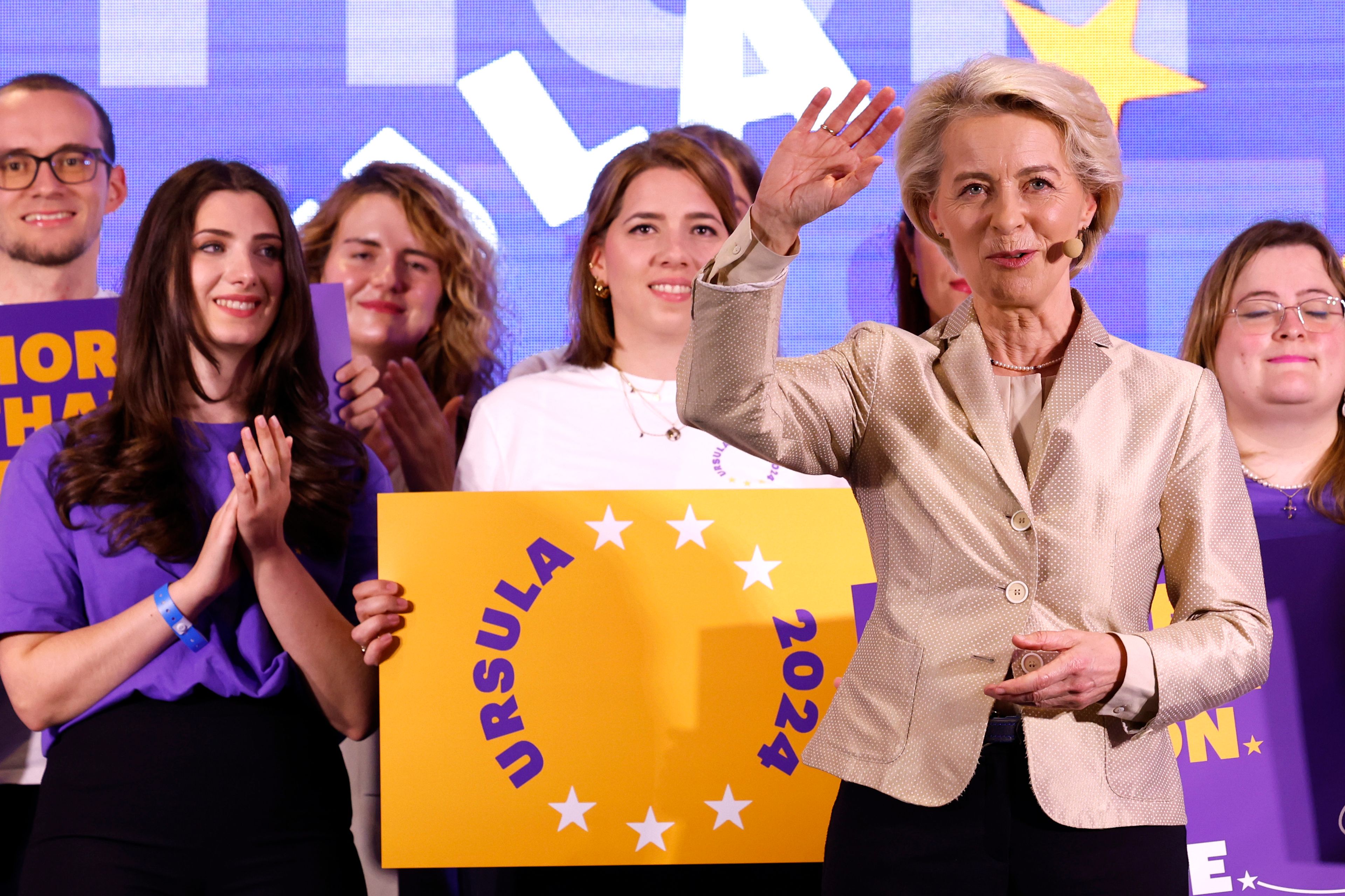 Lead candidate for the European Commission, current European Commission President Ursula von der Leyen speaks during an event at the European People's Party headquarters in Brussels, Sunday, June 9, 2024. Polling stations opened across Europe on Sunday as voters from 20 countries cast ballots in elections that are expected to shift the European Union's parliament to the right and could reshape the future direction of the world's biggest trading bloc.