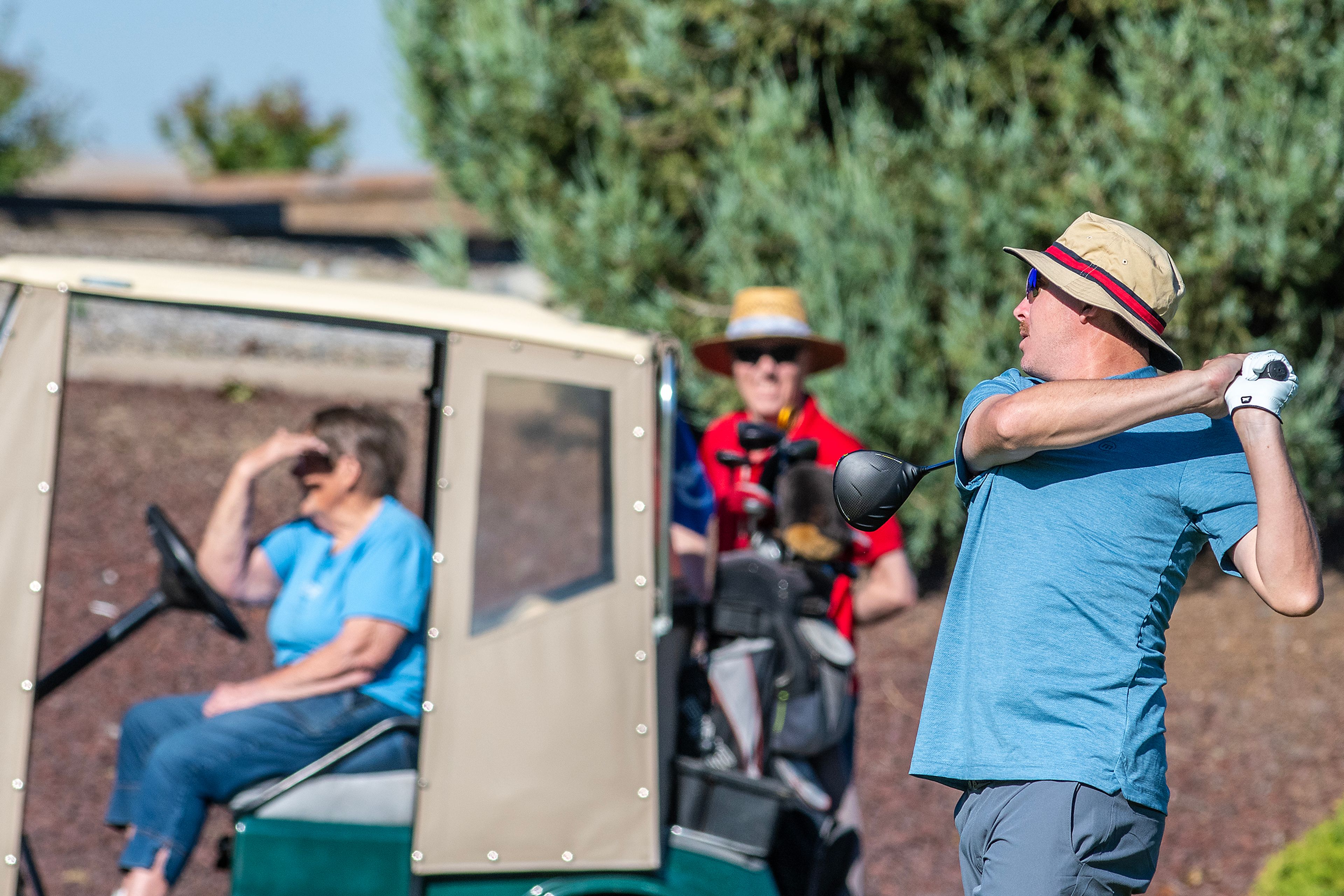 Joel Dahmen hits his ball down the fairway while playing at the Lewiston Golf and Country Club on Saturday morning.