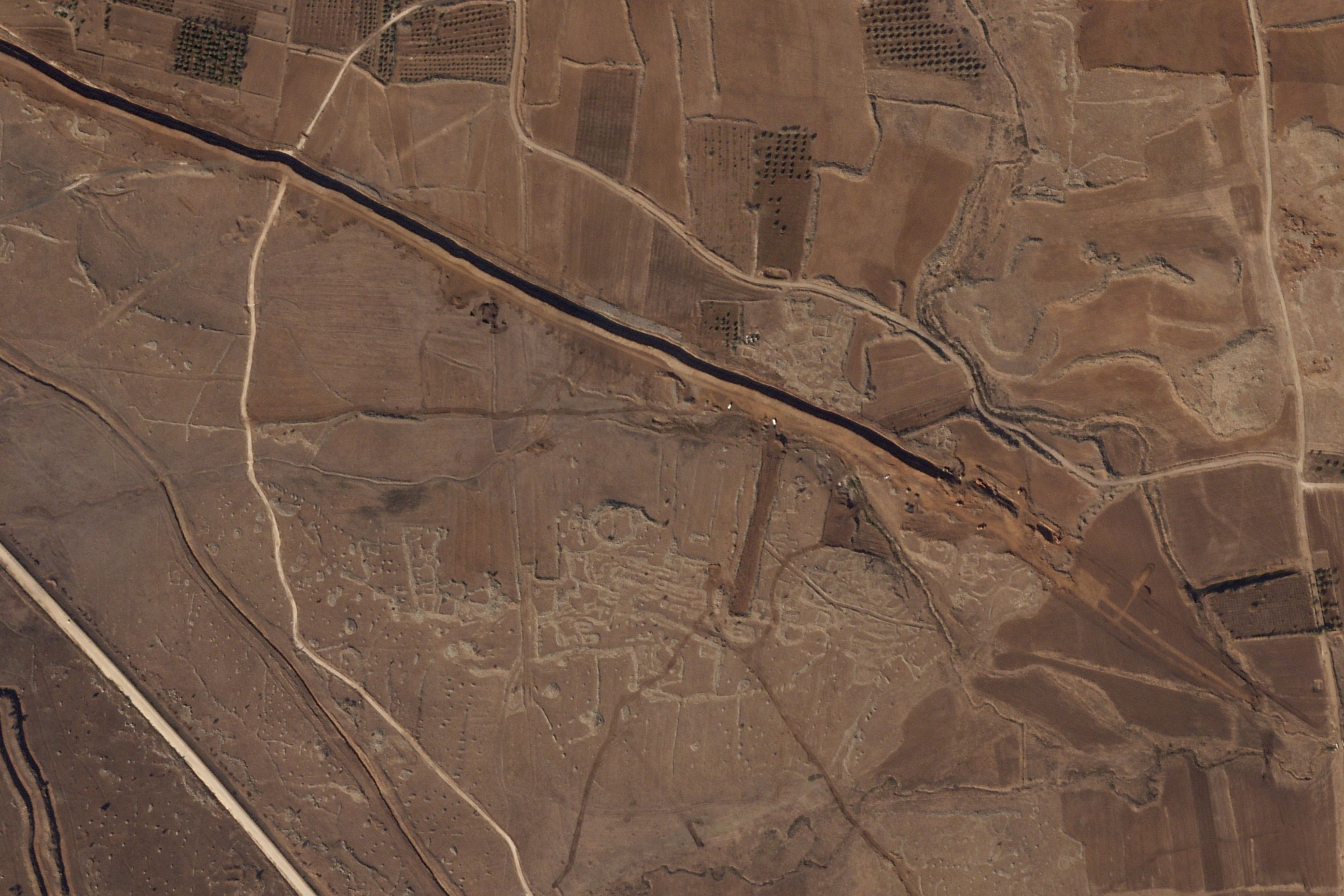 This satellite image from Planet Labs PBC shows Israeli forces digging along the Alpha Line separating the Israeli-occupied Golan Heights from a demilitarized zone in Syria patrolled by United Nations forces on Nov. 5, 2024. (Planet Labs PBC via AP)