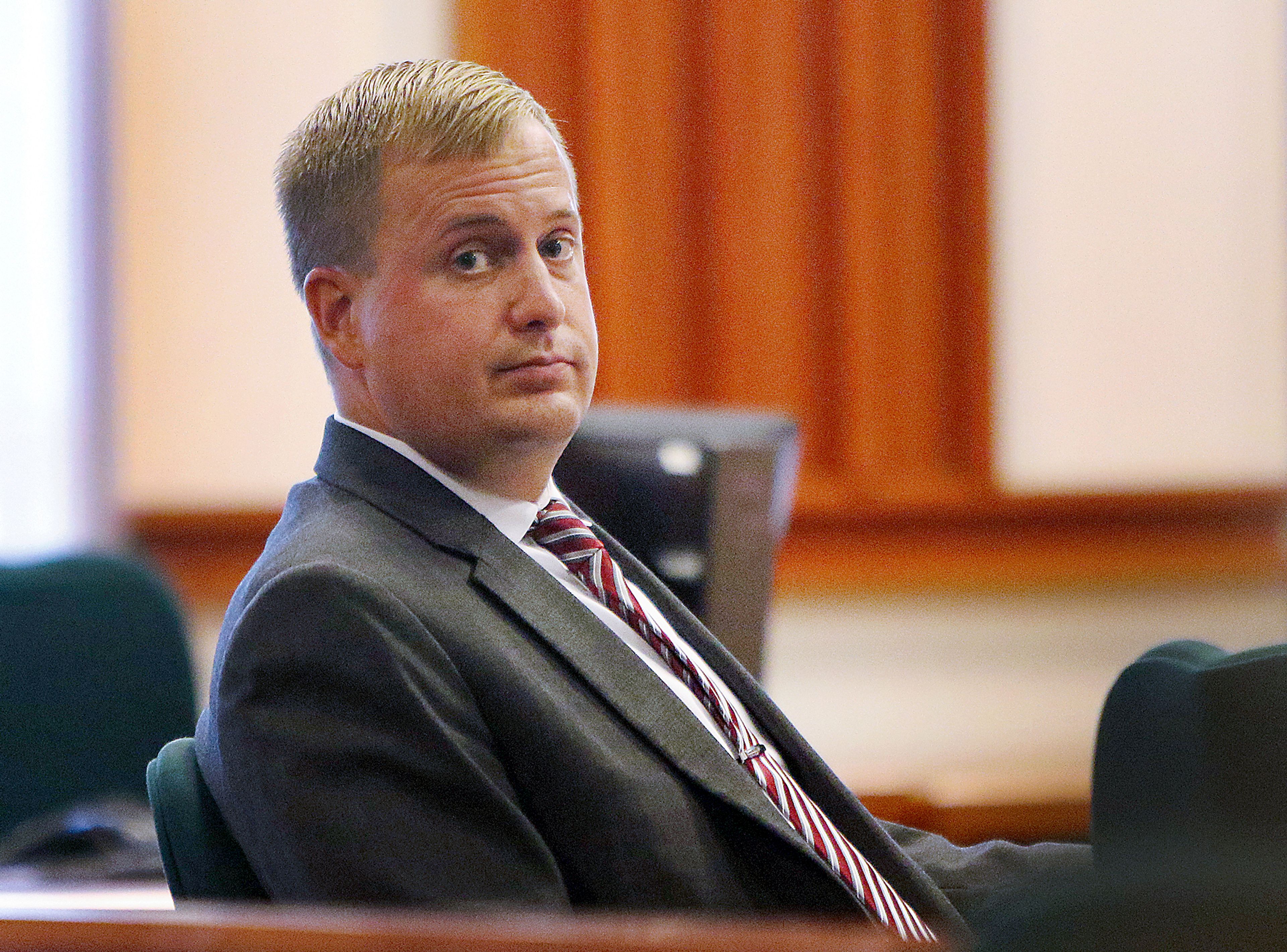 Former Idaho state Rep. Aaron von Ehlinger glances toward the gallery during his rape trial in April at the Ada County Courthouse in Boise.