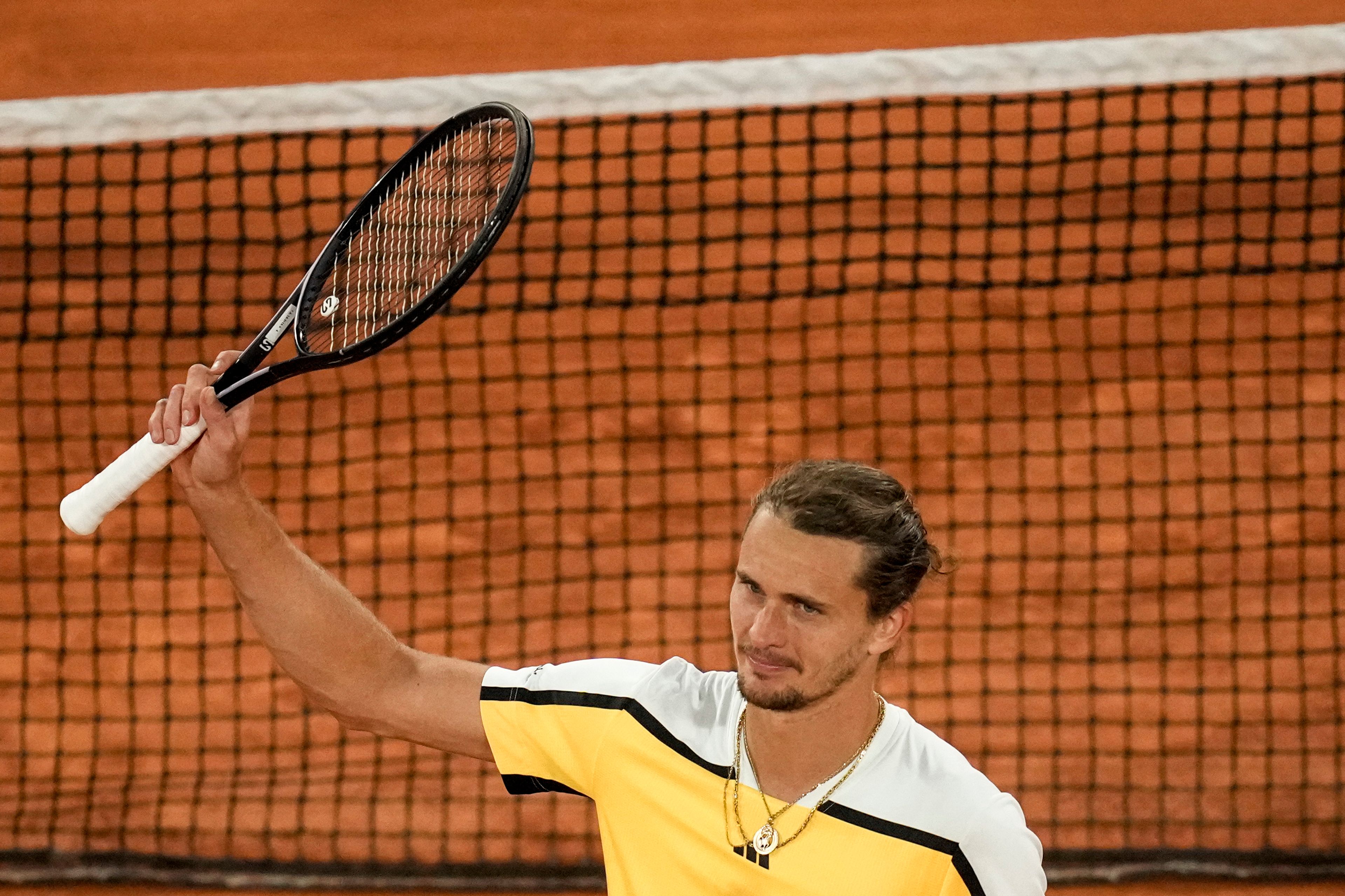 Germany's Alexander Zverev celebrates winning his semifinal match of the French Open tennis tournament against Norway's Casper Ruud at the Roland Garros stadium in Paris, Friday, June 7, 2024.