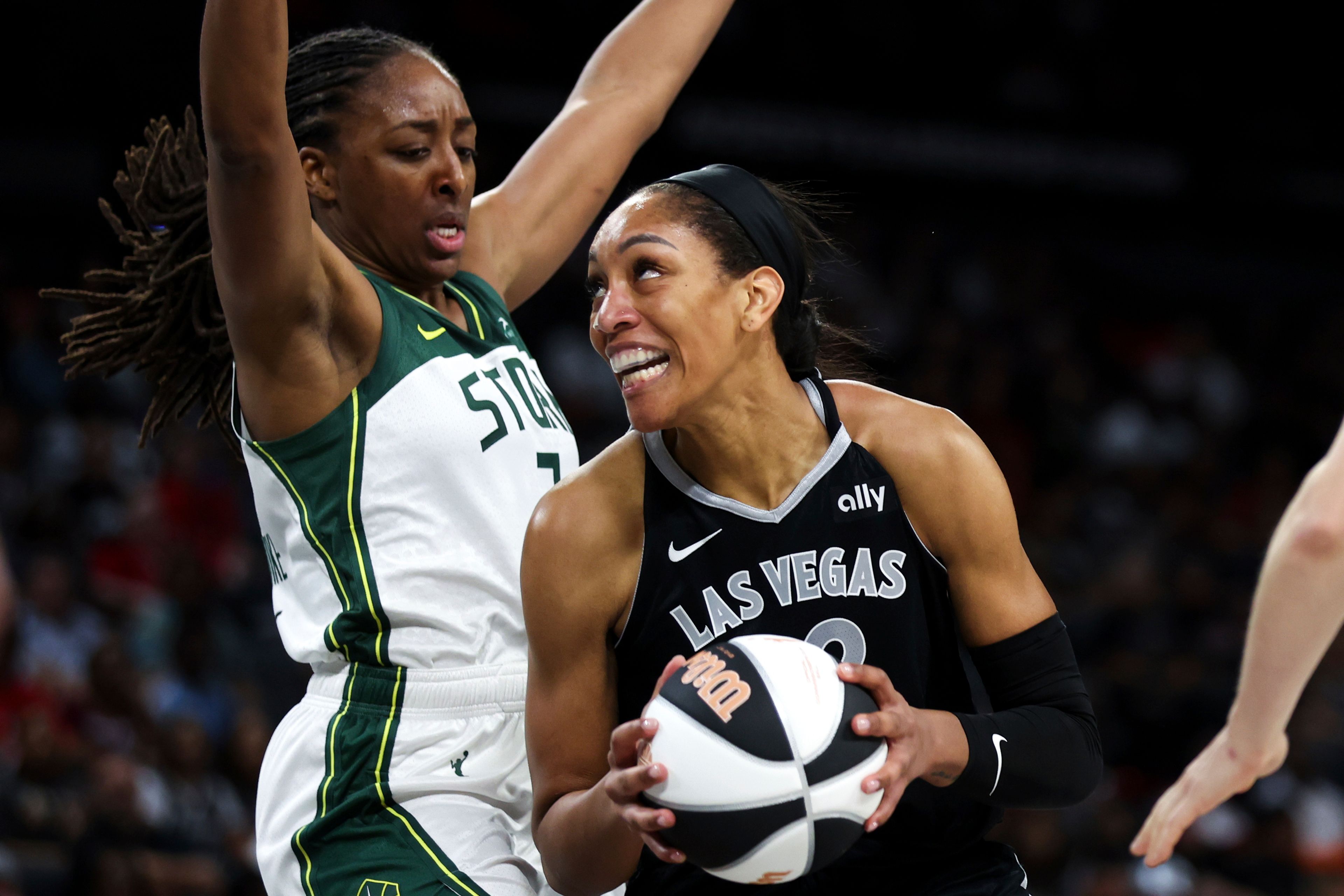 Las Vegas Aces center A'ja Wilson, right, is defended by Seattle Storm forward Nneka Ogwumike during the first half of a WNBA basketball game Friday, June 7, 2024, in Las Vegas.