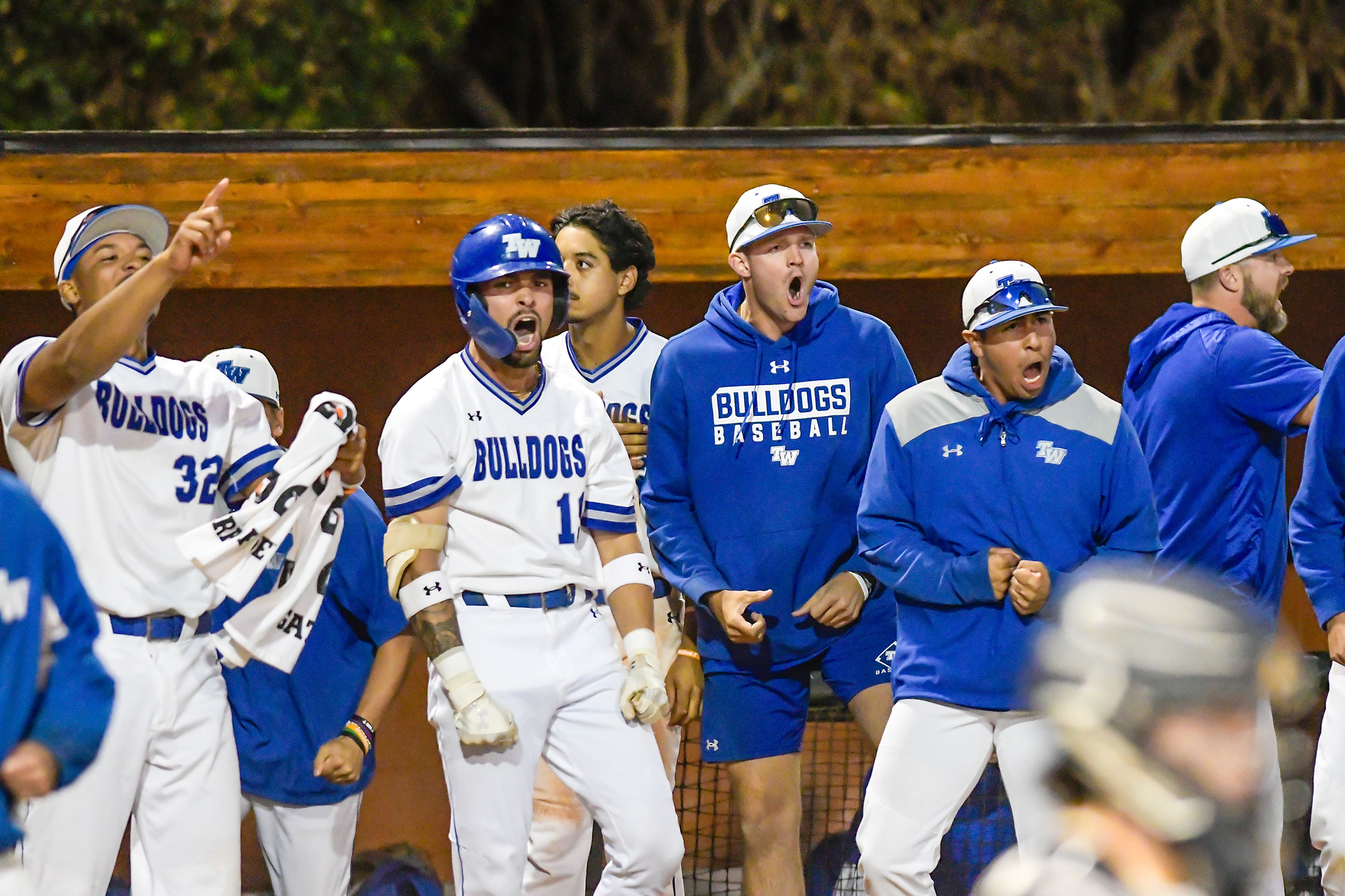 Tennessee Wesleyan reacts as Evan Magill scores to keep them in the contest against Reinhardt in Game 18 of the NAIA World Series at Harris Field Thursday in Lewiston.