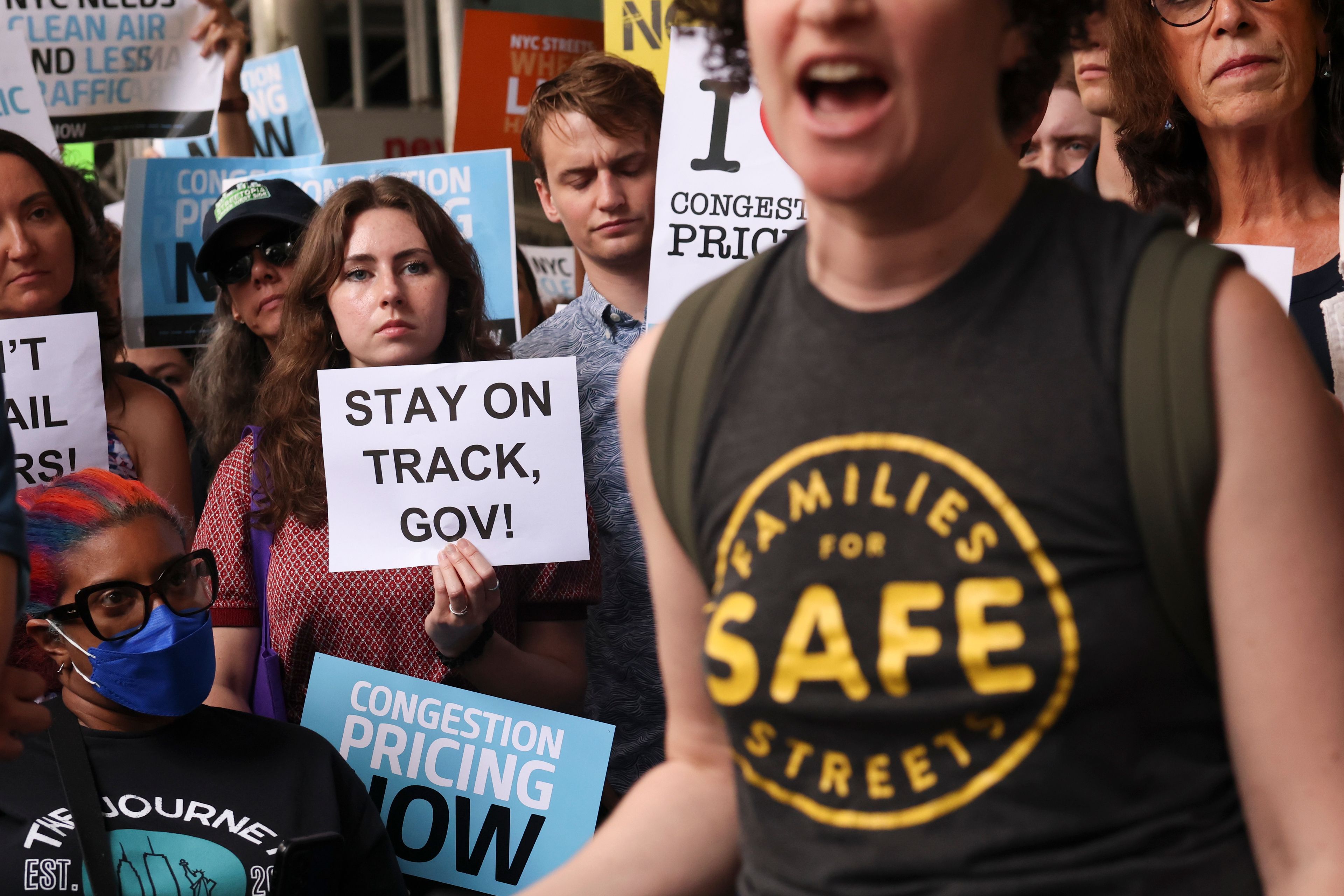 Protesters demonstrate outside New York Gov. Kathy Hochul's Manhattan office, Wednesday, June 5, 2024, in New York. Hochul is indefinitely delaying implementation of a plan to charge motorists big tolls to enter the core of Manhattan, just weeks before the nation's first "congestion pricing" system was set to launch.