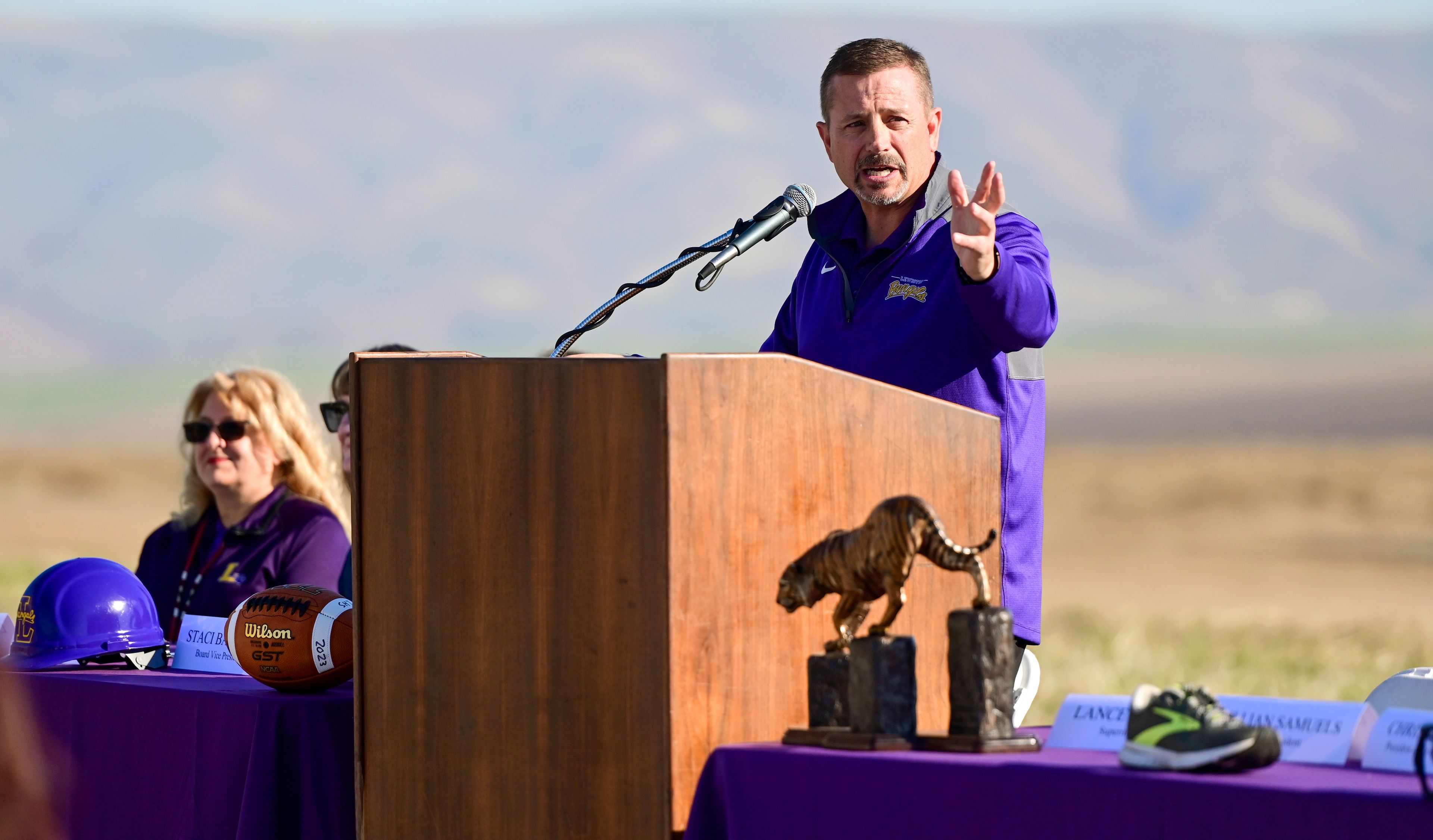 Lance R. Hansen, Lewiston School District superintendent, speaks at a groundbreaking ceremony for the beginning of Phase II construction on Lewiston High School’s athletic venues on Saturday.