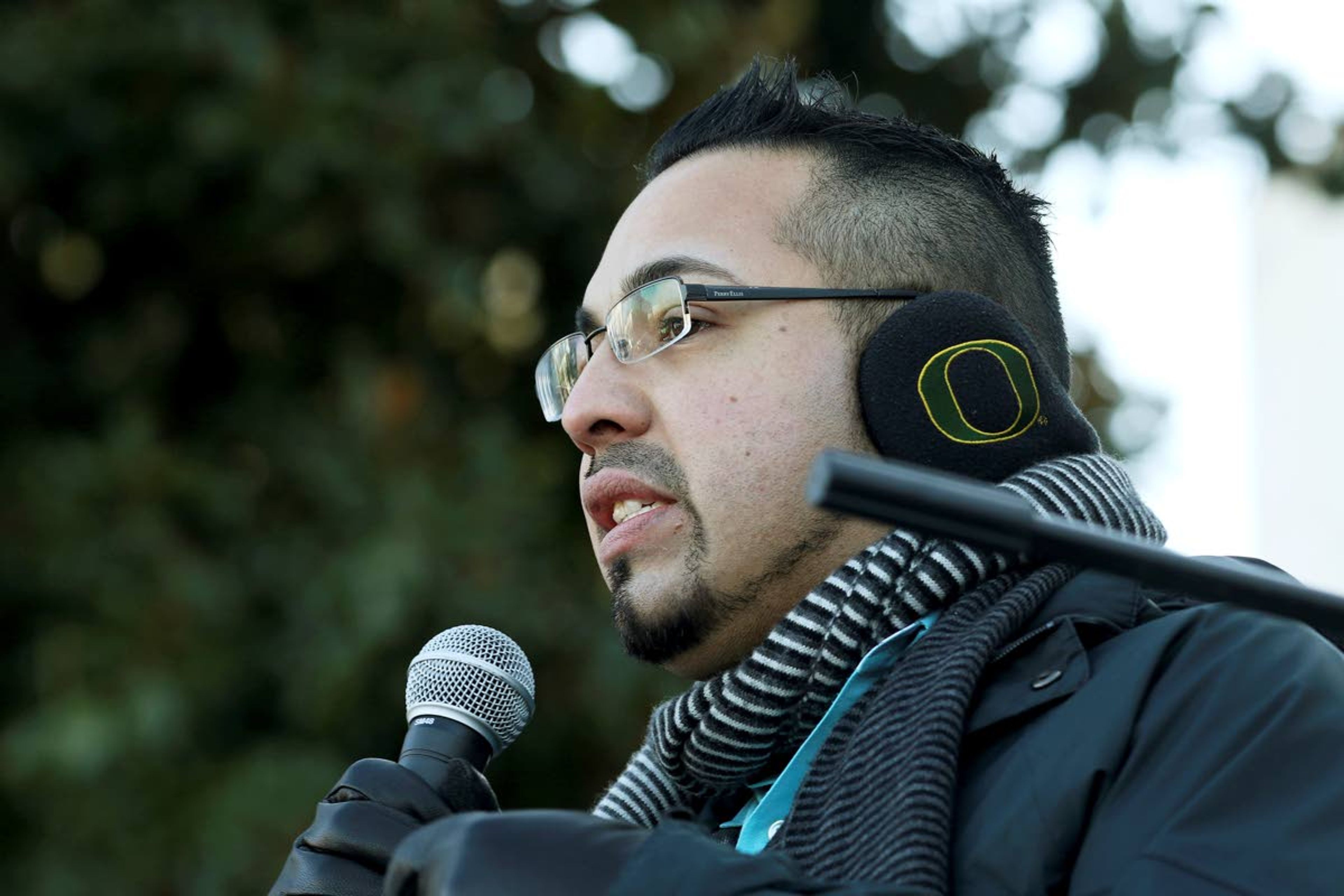 FILE - In this Jan. 14, 2017, file photo, Oregon state Rep. Diego Hernandez speaks during an immigrant rights rally at the Oregon State Capitol in Salem, Ore. An Oregon state senator has been accused of racism by a fellow lawmaker for referencing the death of Eric Garner, a black man killed in New York by police using a chokehold, in a statement opposing cigarette taxes and using Garner's last words: "I can't breathe." Rep. Diego Hernandez said on Facebook he believes the statement from Sen. Dennis Linthicum is racist and disgusting and unacceptable. (Anna Reed/Statesman-Journal via AP, File)