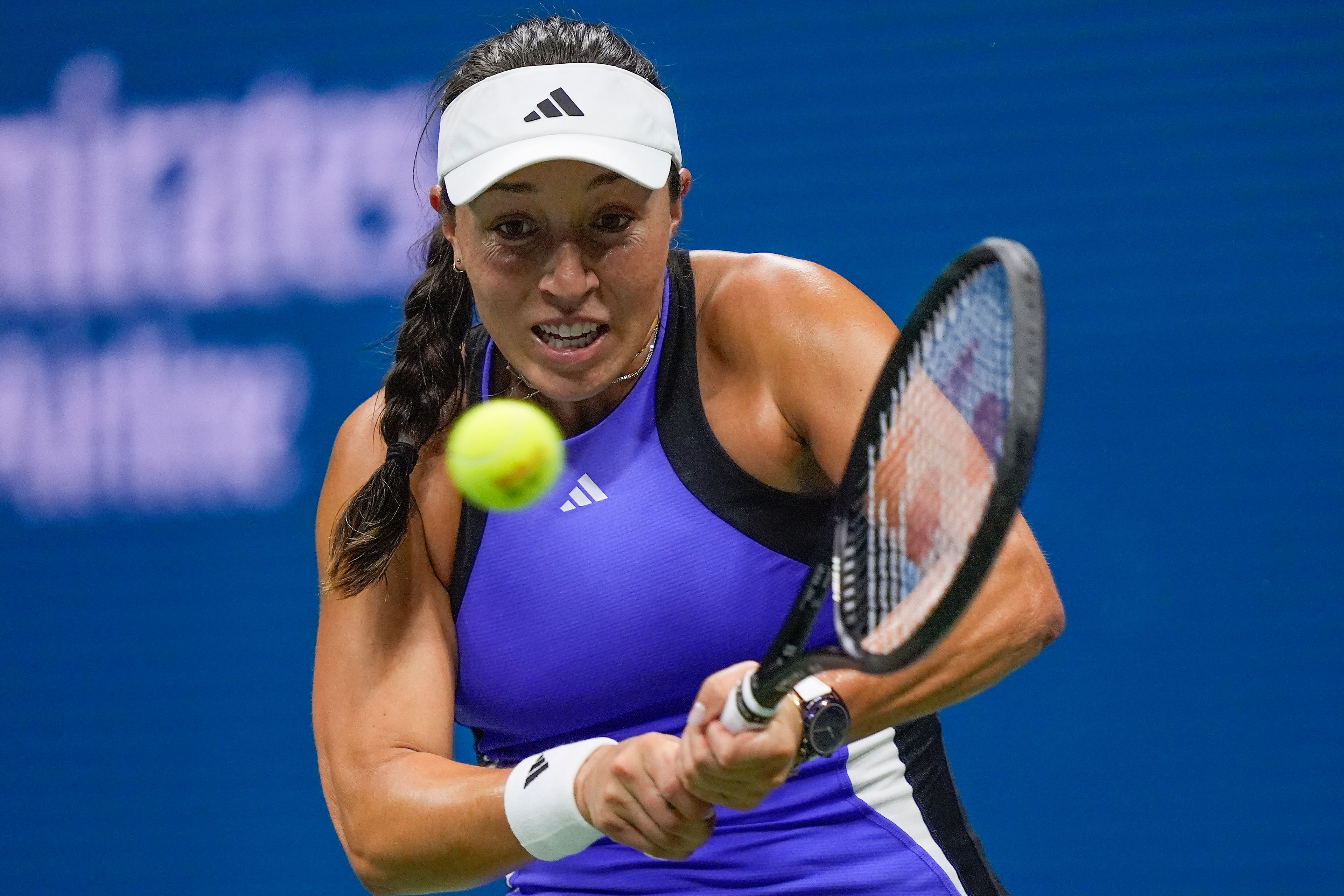 Jessica Pegula, of the United States, returns a shot to Karolina Muchova, of the Czech Republic, during the women's singles semifinals of the U.S. Open tennis championships, Thursday, Sept. 5, 2024, in New York.