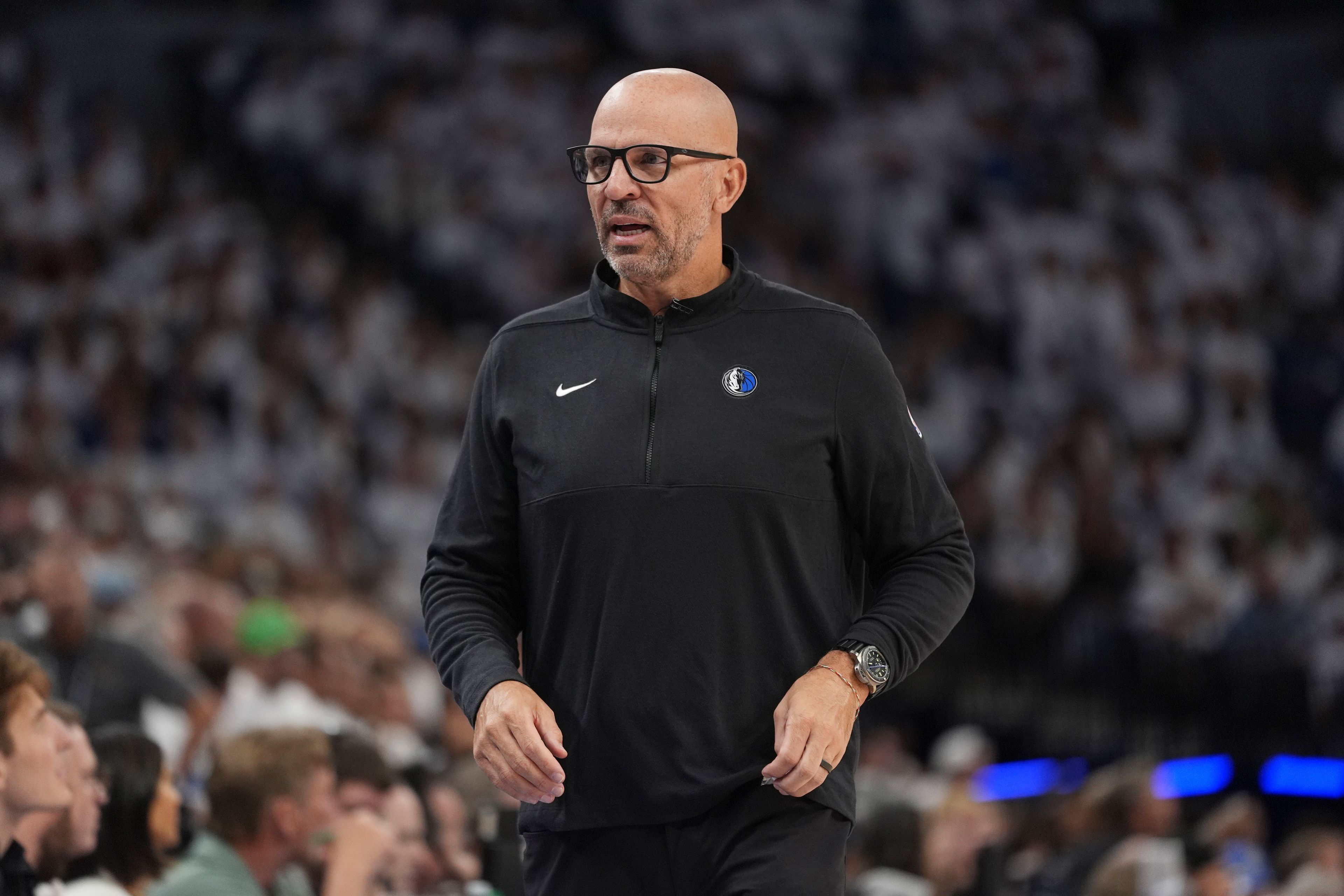 Dallas Mavericks head coach Jason Kidd watches play during Game 1 of the NBA basketball Western Conference finals against the Minnesota Timberwolves, Wednesday, May 22, 2024, in Minneapolis. (AP Photo/Abbie Parr)