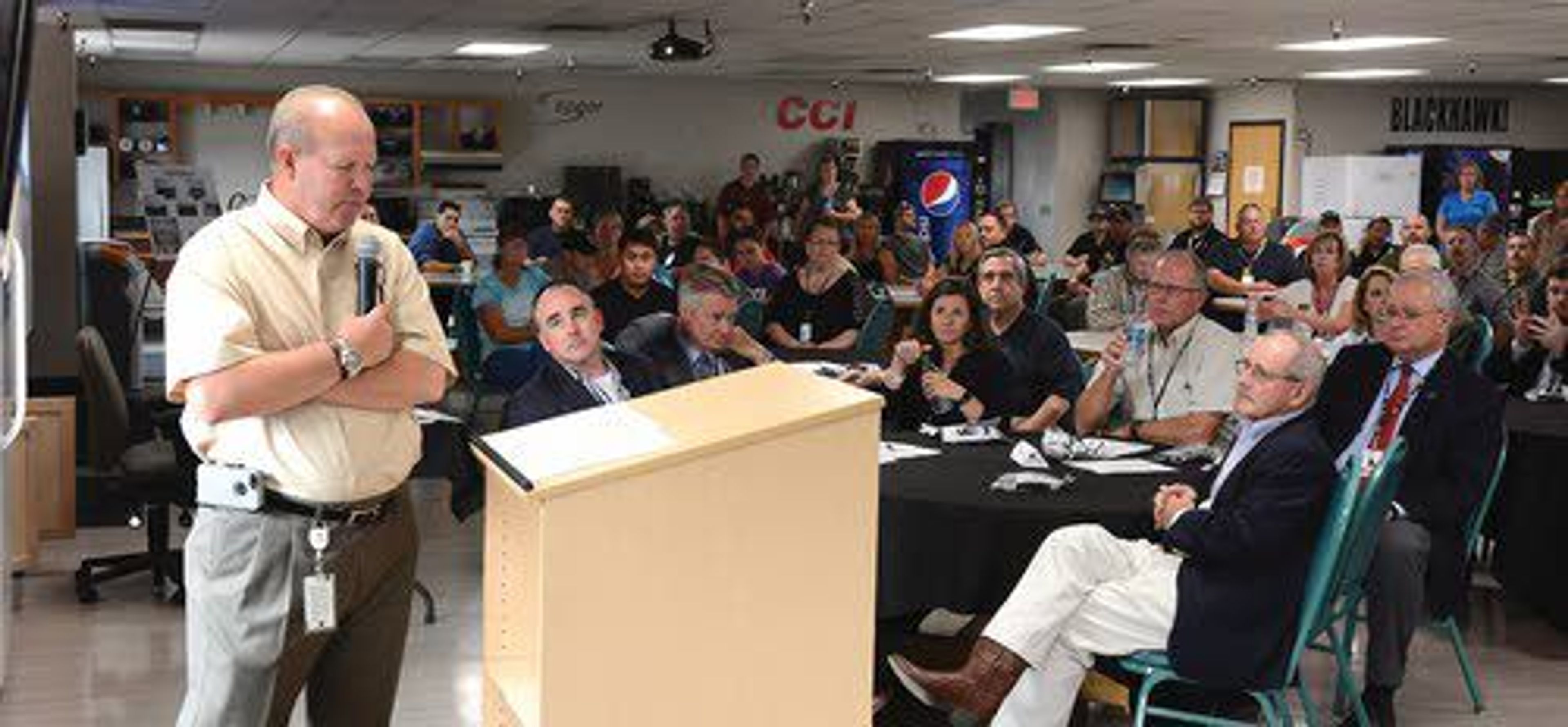 Vista Outdoor Vice President of Ammunition Marty Zacha welcomes community members and dignitaries to a ribbon-cutting ceremony Wednesday for an expansion to the rimfire production line at the company’s Southport facility.