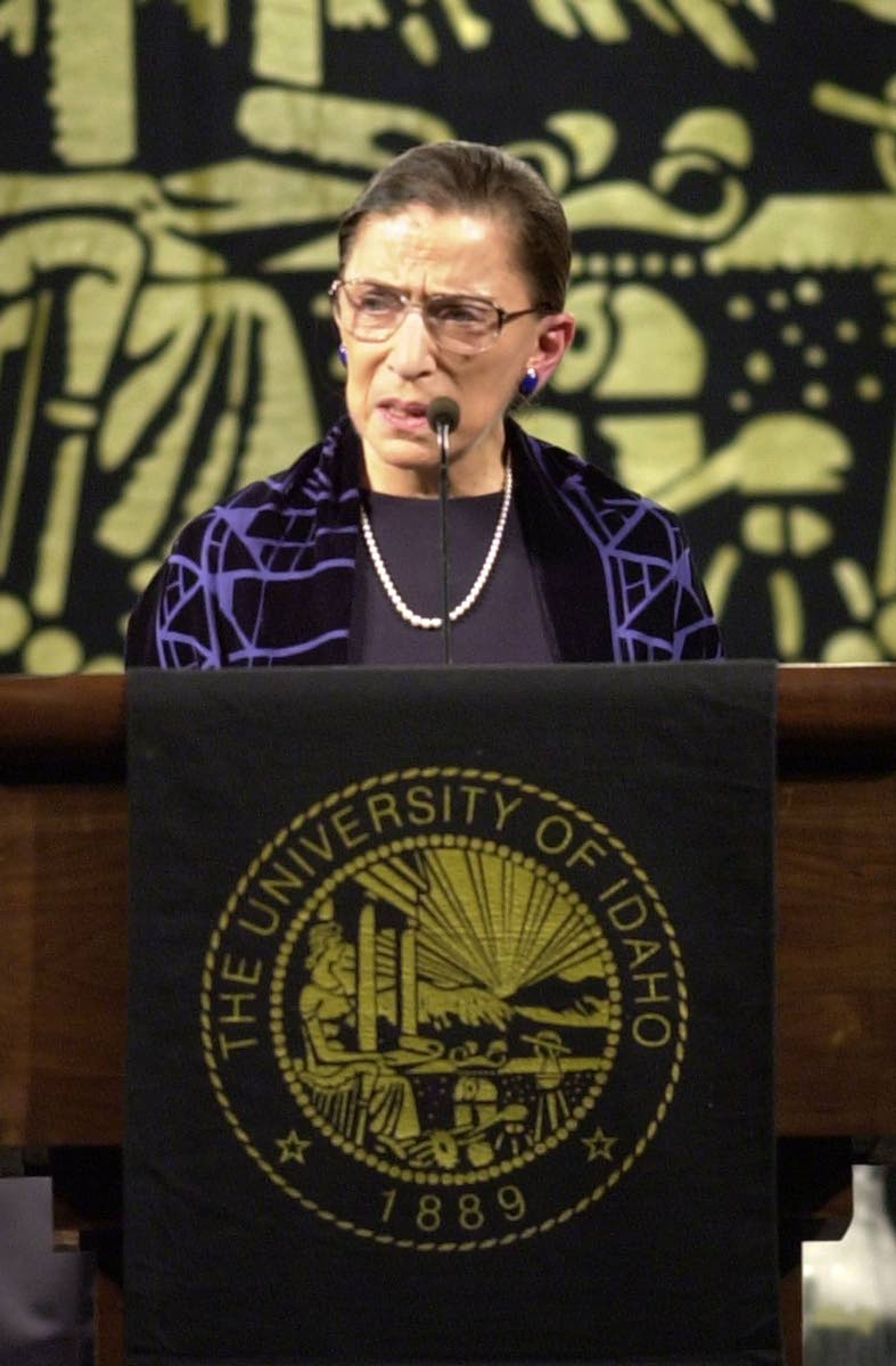 U.S. Supreme Court Justice Ruth Bader Ginsburg delivers the College of Law Bellwood Lecture at the University of Idaho, Thursday, Sept. 18, 2003, in Moscow, Idaho Her speach was titled, "Looking Beyond Our Borders: The Value of a Comparative Perspective in Constititional Adjudication." (AP Photo/Rajah Bose)