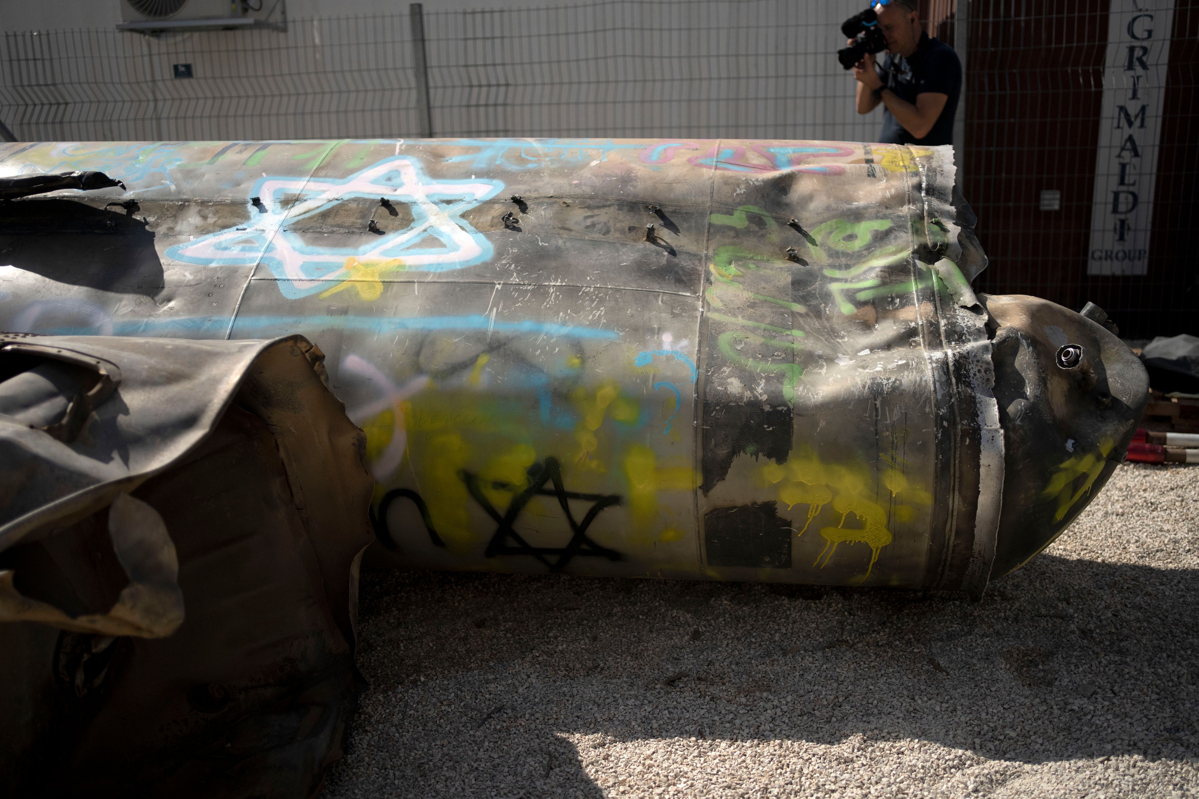 Iranian ballistic missile components that were fired at Israel are displayed during a government-organized media tour on a base in southern Israel, Wednesday, Oct. 9, 2024. (AP Photo/Maya Alleruzzo)