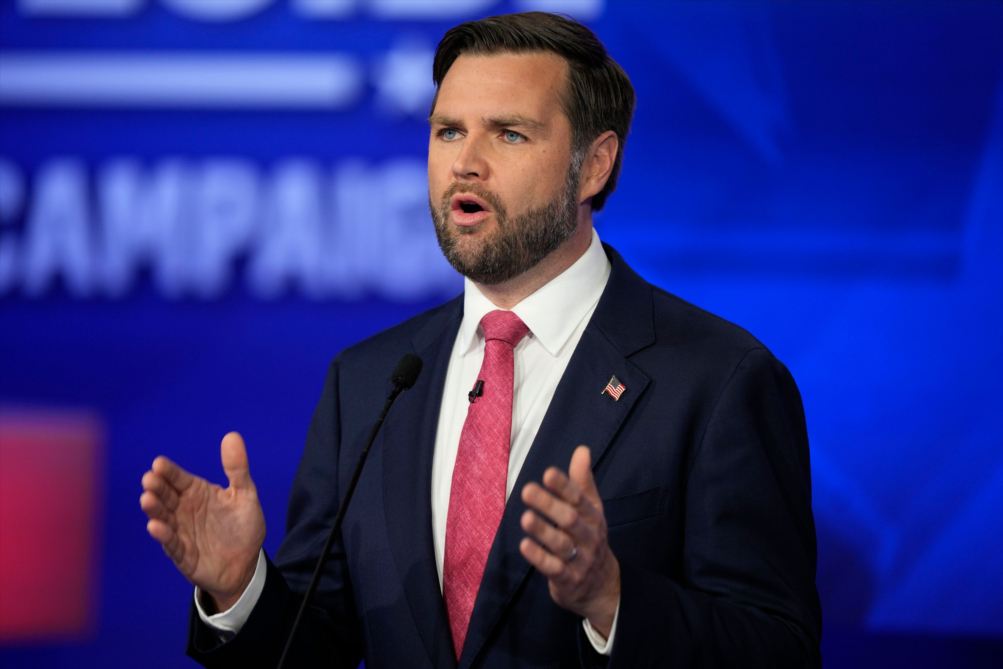 Republican vice presidential nominee Sen. JD Vance, R-Ohio, speaks during a vice presidential debate hosted by CBS News, with Democratic vice presidential candidate Minnesota Gov. Tim Walz, Tuesday, Oct. 1, 2024, in New York. (AP Photo/Matt Rourke)