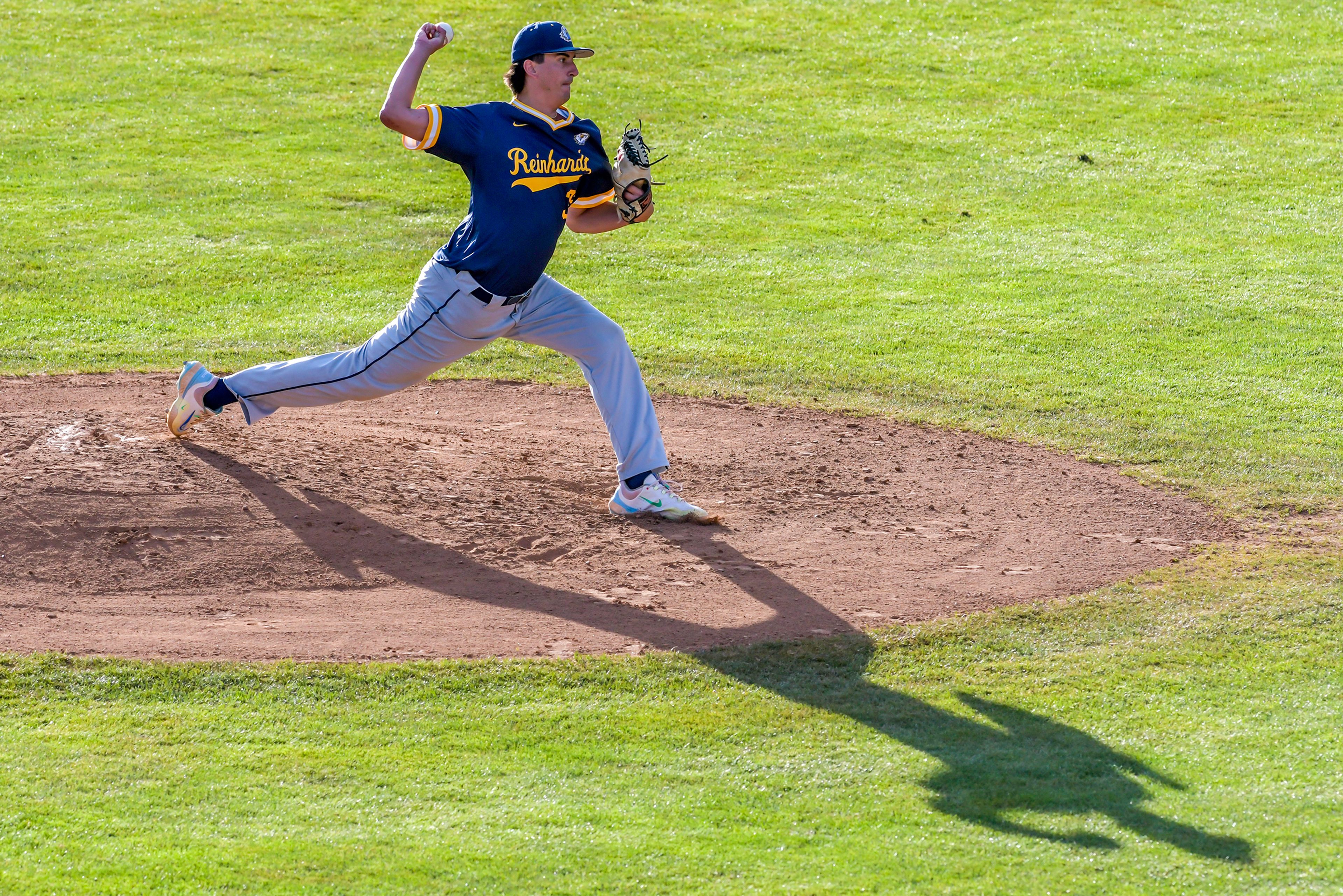 Reinhardt pitcher Andrew Herbert throws a pitch against Tennessee Wesleyan in Game 18 of the NAIA World Series at Harris Field Thursday in Lewiston.