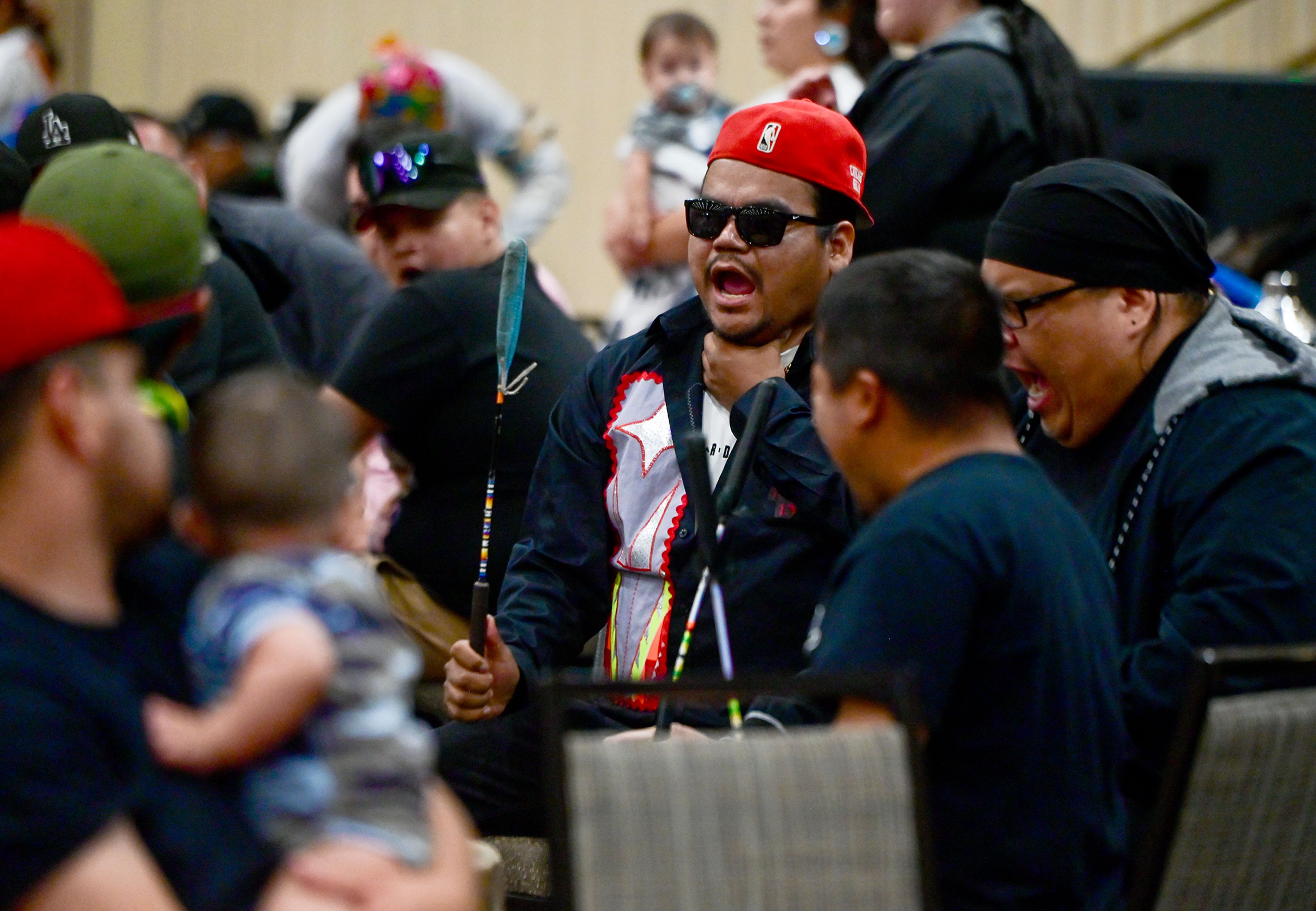 Sharpshooter Singers, the host drum group for the Hiitem'waq'iswit Dance for Life Powwow, begin playing for a Grand Entry last Saturday in Lewiston.,