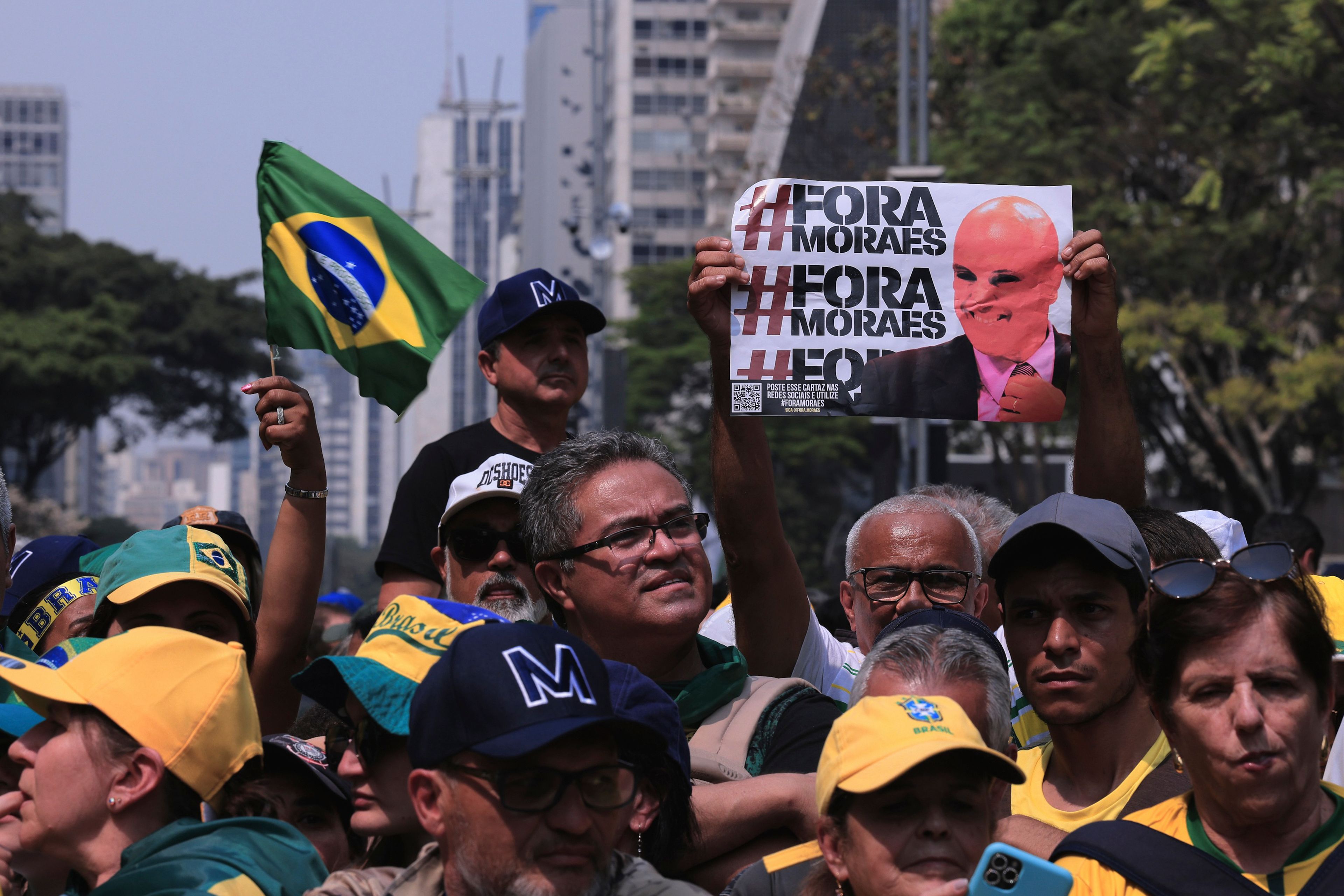 Demonstrators take part in a protest calling for the impeachment of Supreme Court Minister Alexandre de Moraes, who recently imposed a nationwide block on Elon Musk’s social media platform X, in Sao Paulo, Saturday, Sept. 7, 2024.