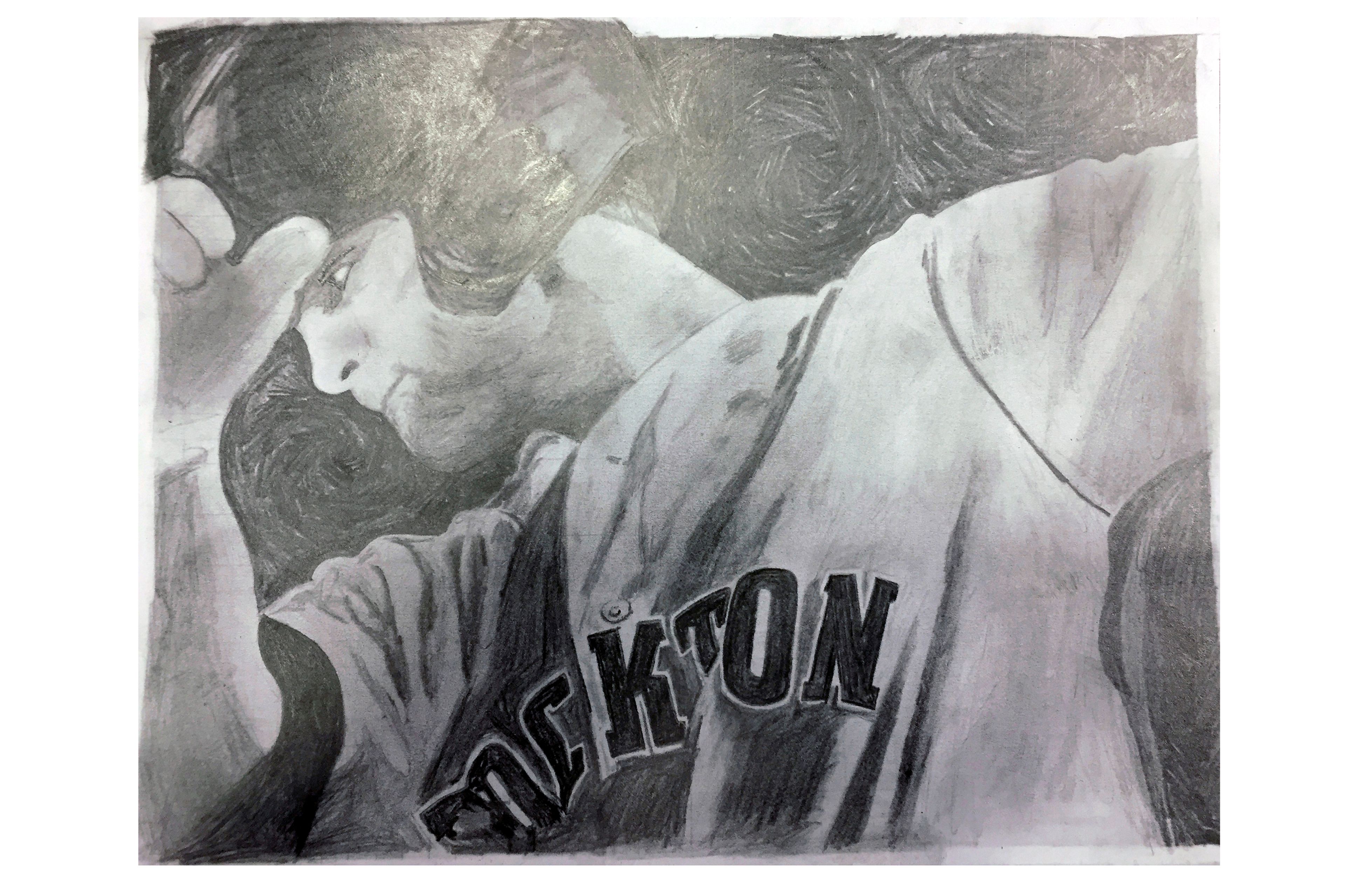 This drawing provided by San Francisco Giants baseball coach Ryan Christenson shows Chad Pinder on deck. "He's an artist," said New York Yankees star Juan Soto, who spent 1 1/2 years with Christenson in San Diego.