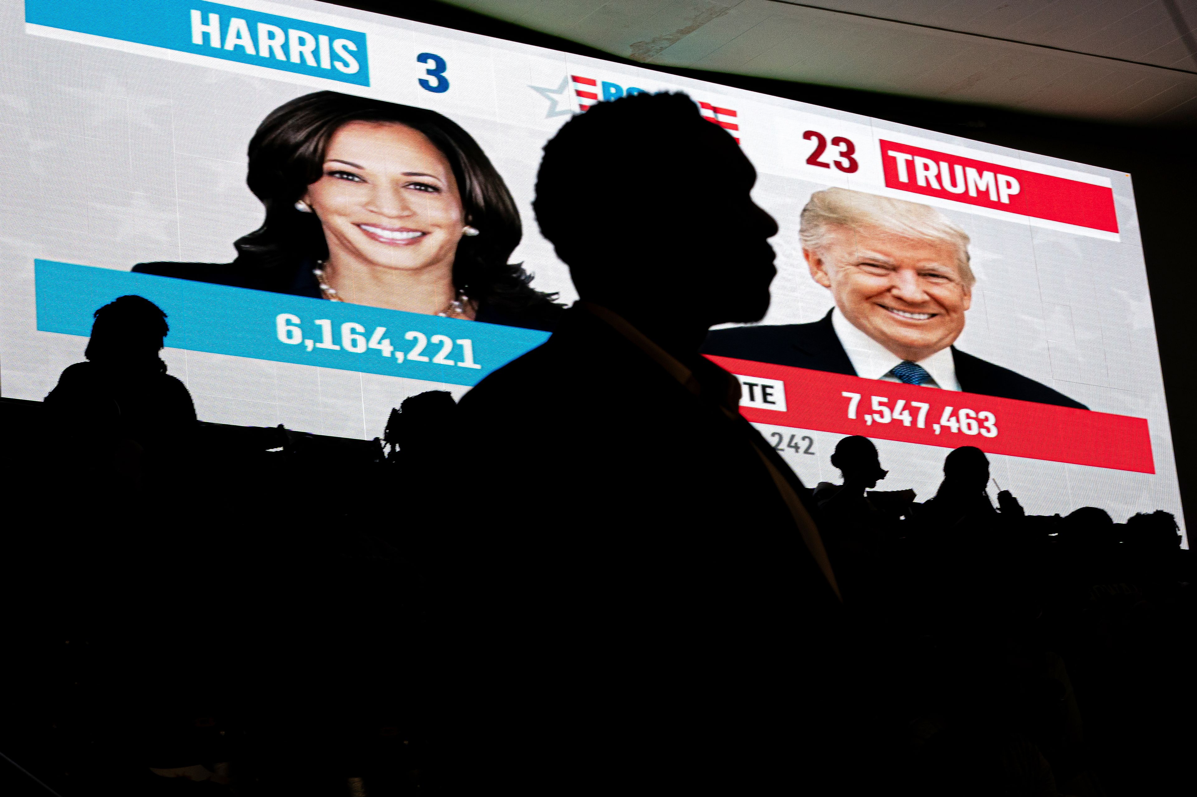 Howard University students watch live election results during a watch party near an election night event for Democratic presidential nominee Vice President Kamala Harris at Howard University in Washington, Tuesday, Nov. 5, 2024. (AP Photo/Nathan Howard)