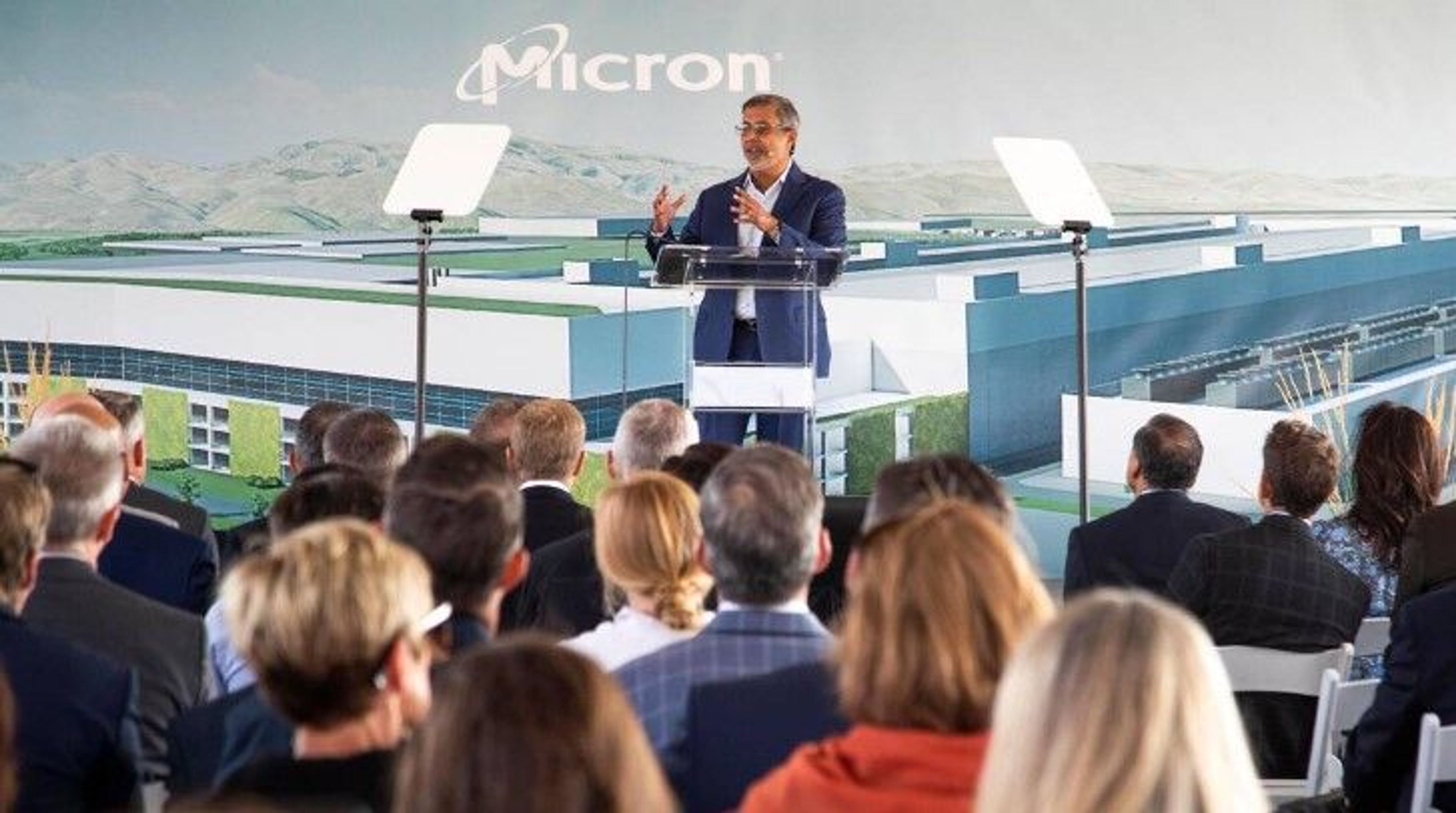 Micron President and CEO Sanjay Mehrotra welcomes people to the groundbreaking of a fab to make dynamic random-access memory on Micron’s Southeast Boise campus.