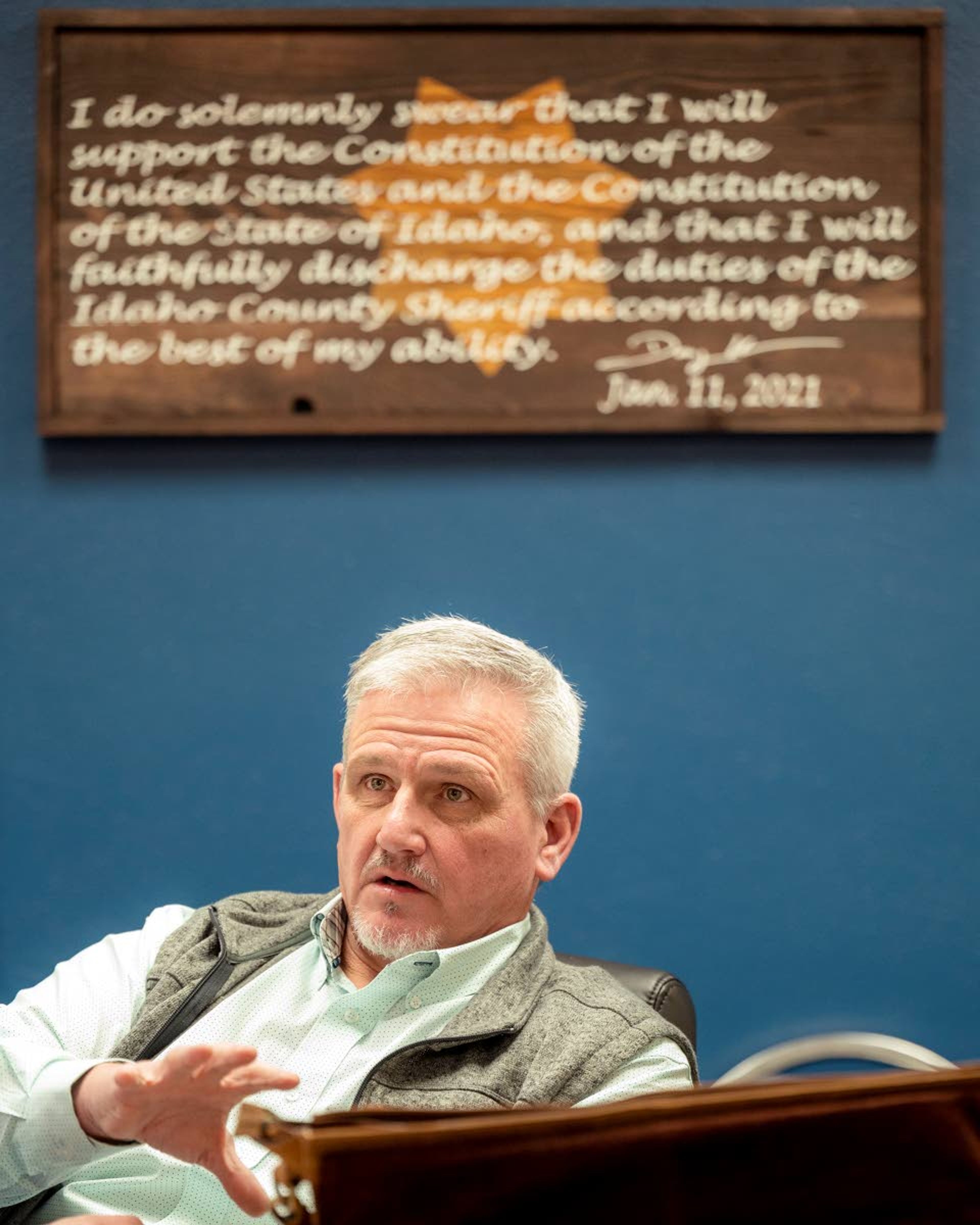 Idaho County Sheriff Doug Ulmer talks about plans for his tenure as sheriff while at his desk in Grangeville last week. Ulmer, who first started working for the sheriff’s office in 1989, took over the top spot Jan. 11.