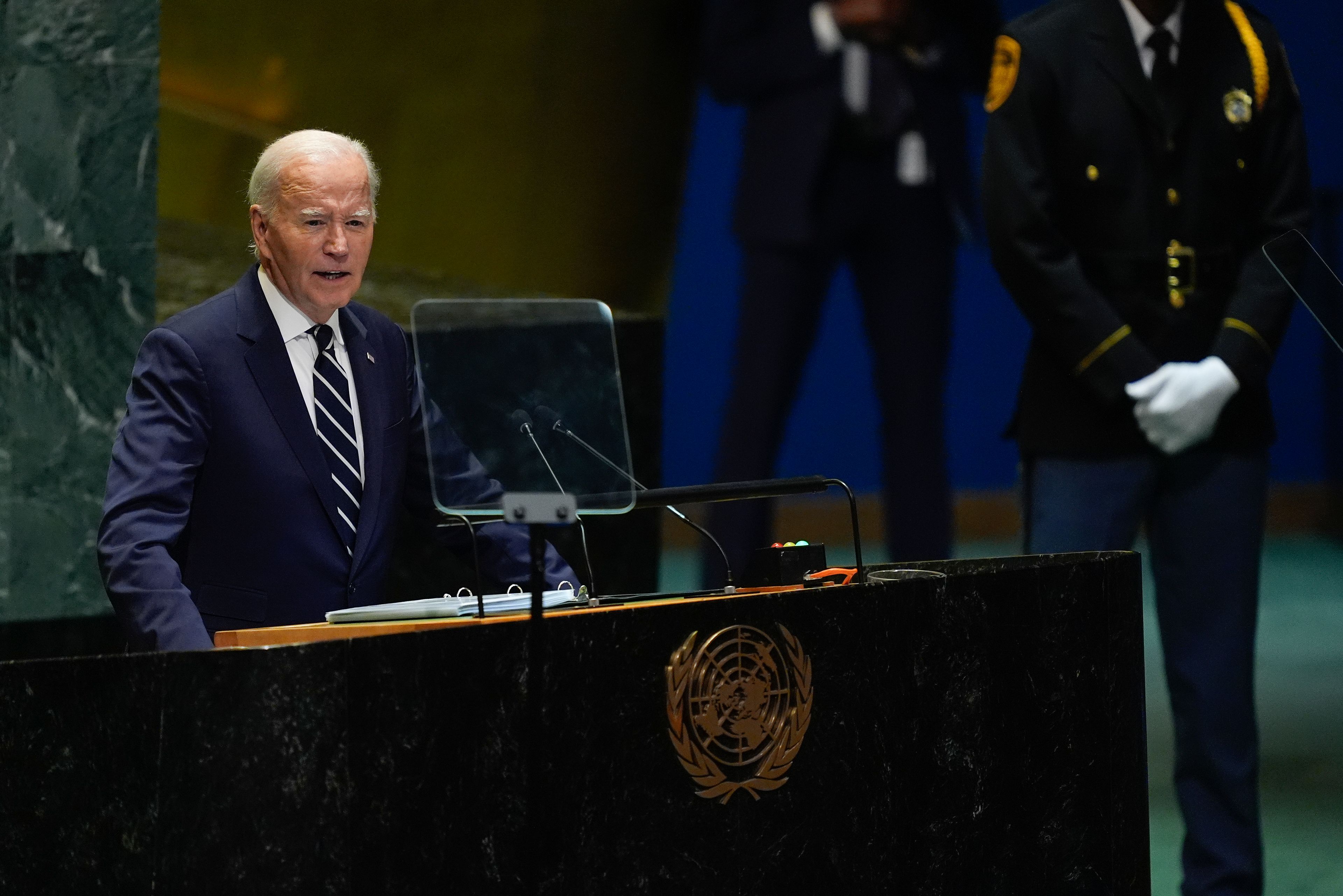 President Joe Biden addresses the 79th session of the United Nations General Assembly, Tuesday, Sept. 24, 2024, at UN headquarters. (AP Photo/Julia Demaree Nikhinson)