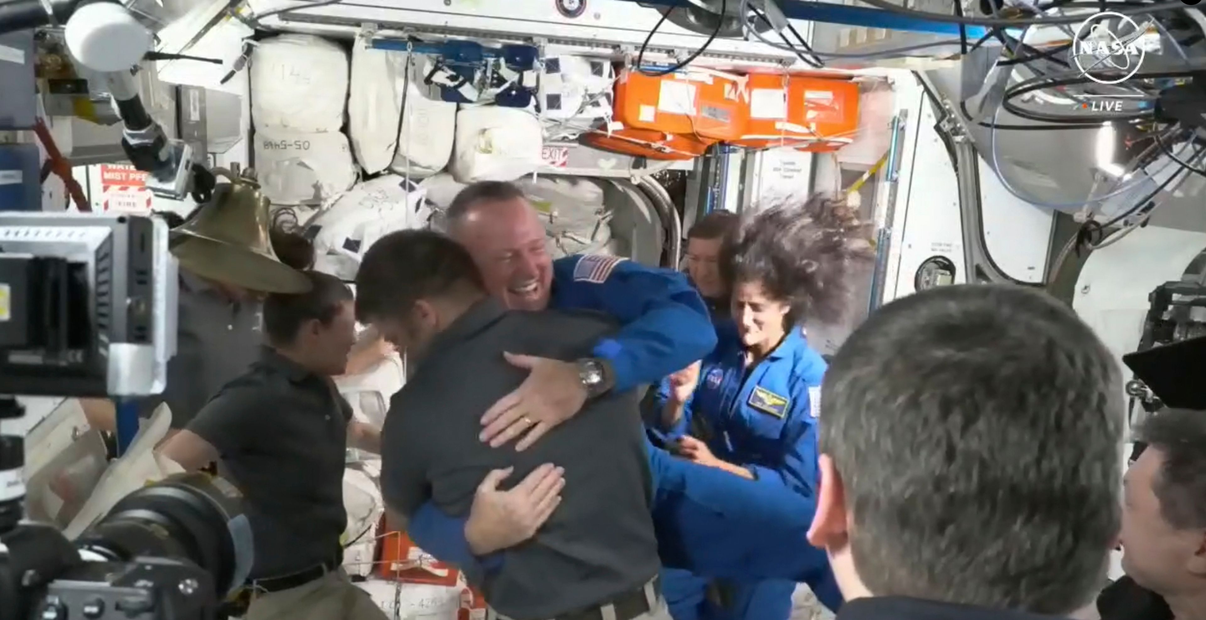 NASA astronauts Butch Wilmore and Suni Williams are greeted by the crew of the International Space Station on Thursday, June 6, 2024.