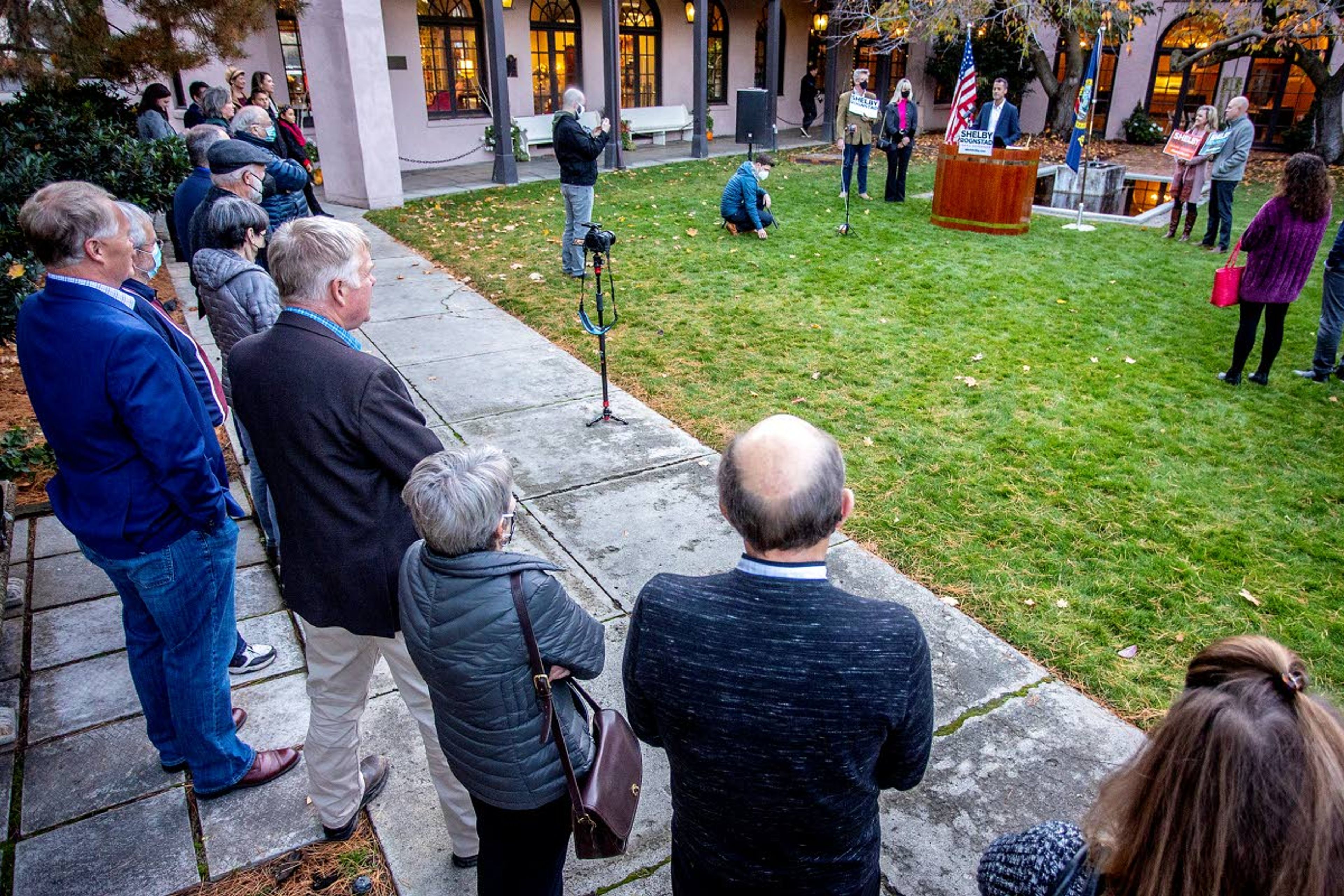 A crowd listens as Shelby Rognstad discusses his candidacy for Idaho governor Monday outside the Lewis-Clark Hotel in Lewiston on Monday.