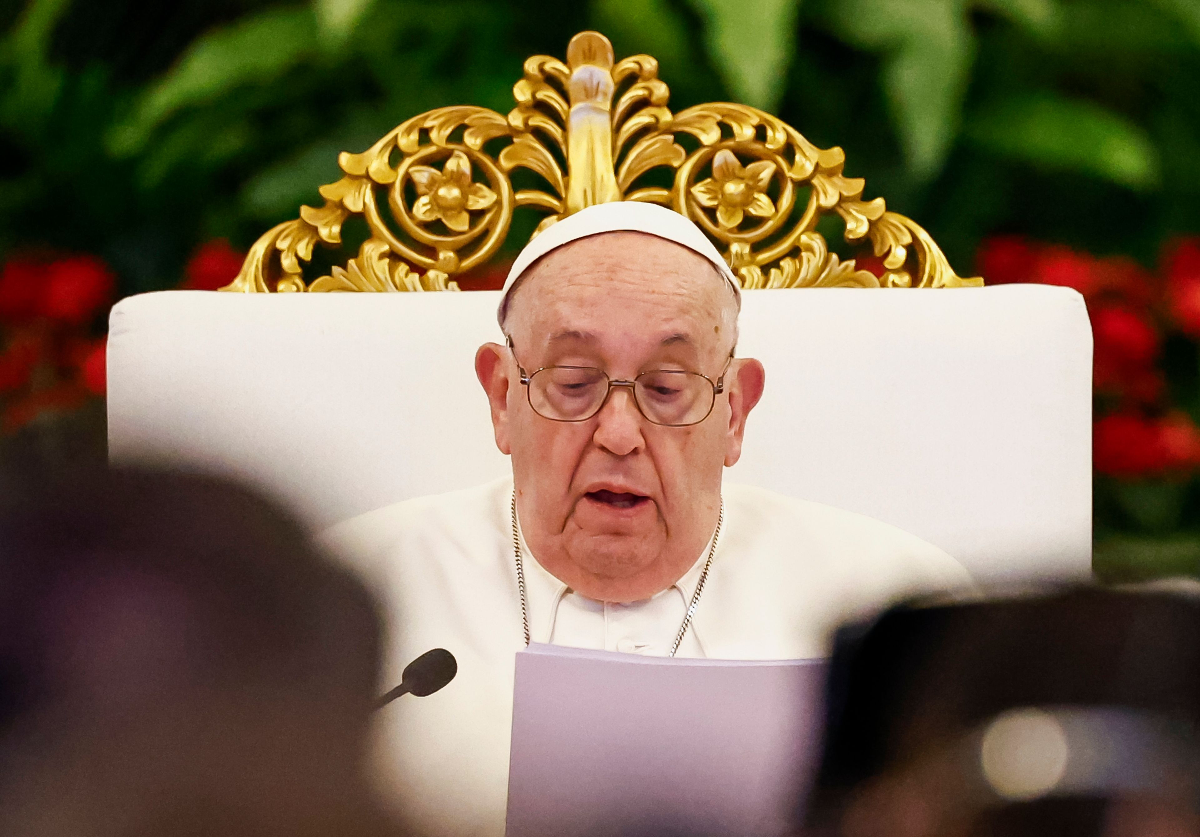 Pope Francis delivers his address during a meeting with Indonesian authorities, civil society and the diplomatic corps, during his apostolic visit to Asia, at the Presidential Palace in Jakarta Wednesday, Sept. 4, 2024.