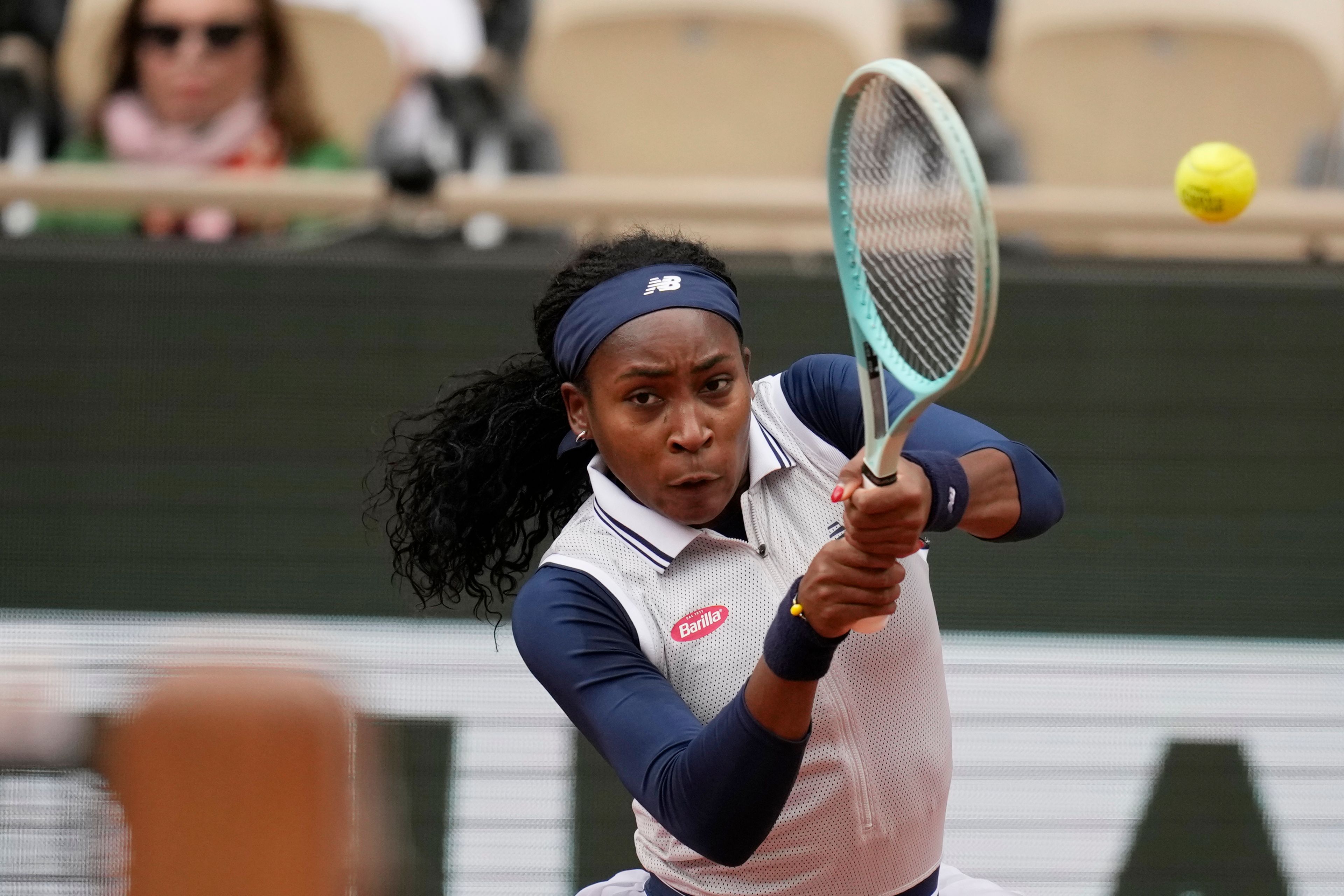 Coco Gauff of the U.S. plays a shot against Ukraine's Dayana Yastremska during their third round match of the French Open tennis tournament at the Roland Garros stadium in Paris, Friday, May 31, 2024.