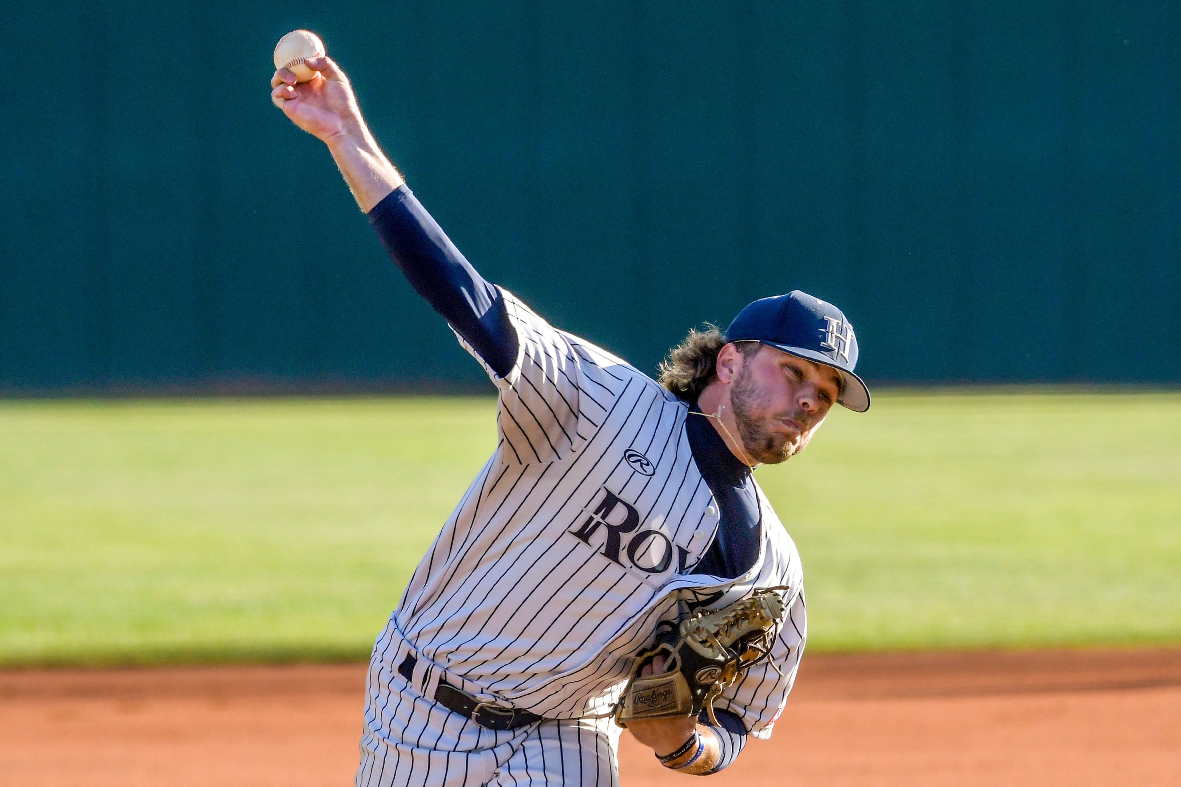 Hope International pitcher Trey Seeley throws a pithc against Tennessee Wesleyan in Game 19 of the NAIA World Series at Harris Field Friday in Lewiston.