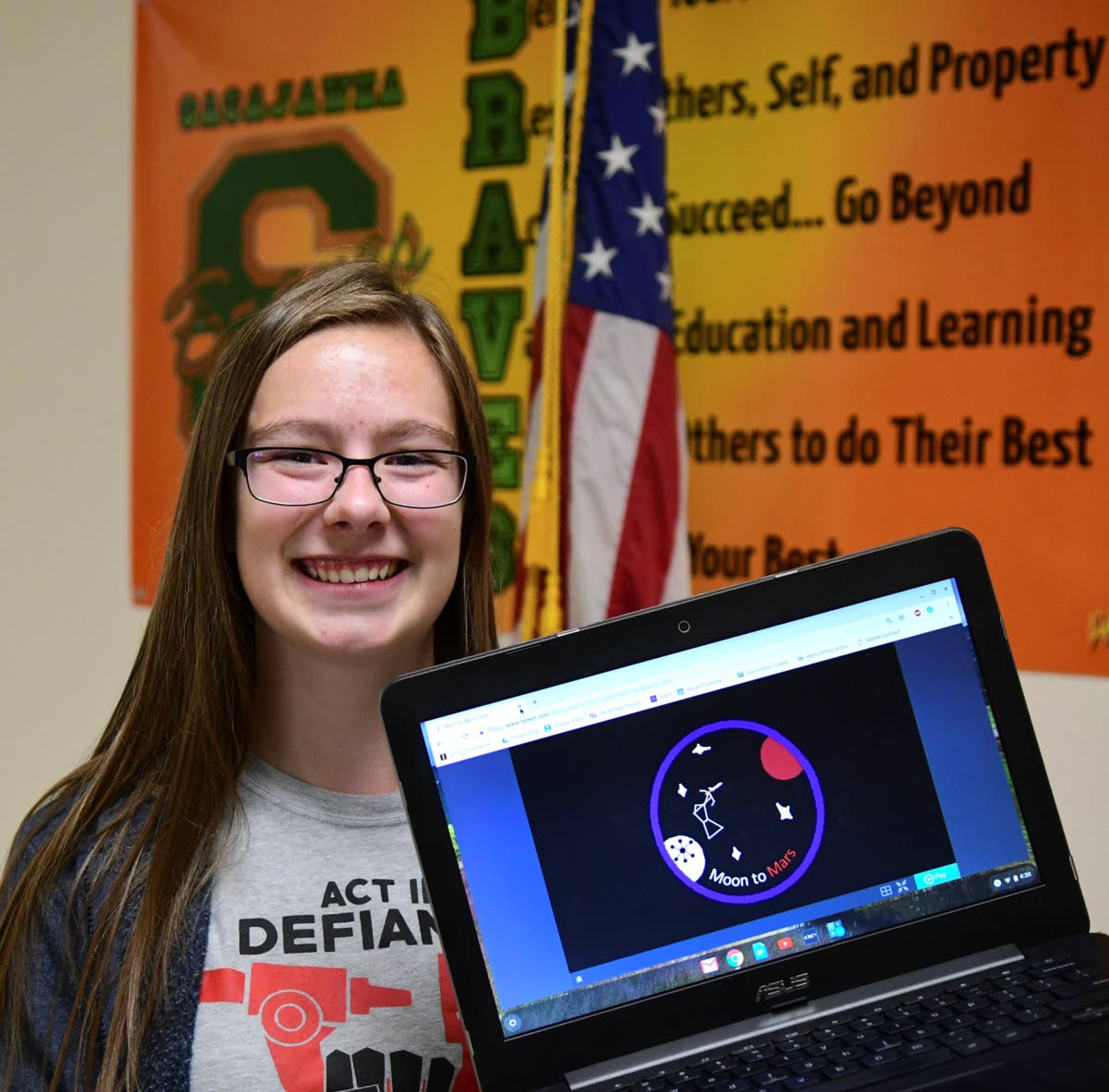 Madison Morgan of Sacajawea Junior High School won a coding contest by designing a digital “patch” for NASA. As her reward, she and her classmates were able to video conference with personnel from NASA.