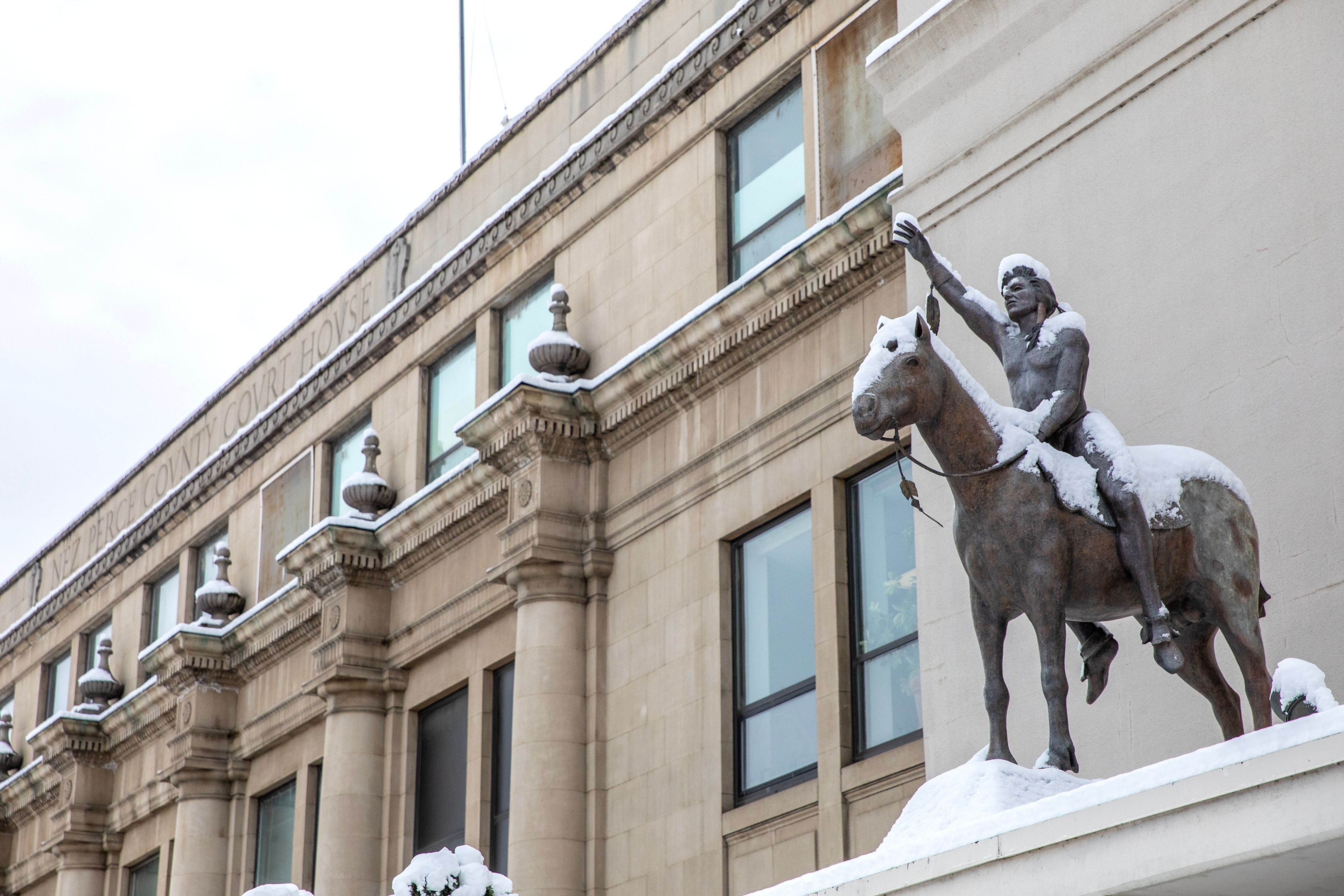 Indian Summer is pictured in front of the Nez Perce County Courthouse Friday in Lewiston.