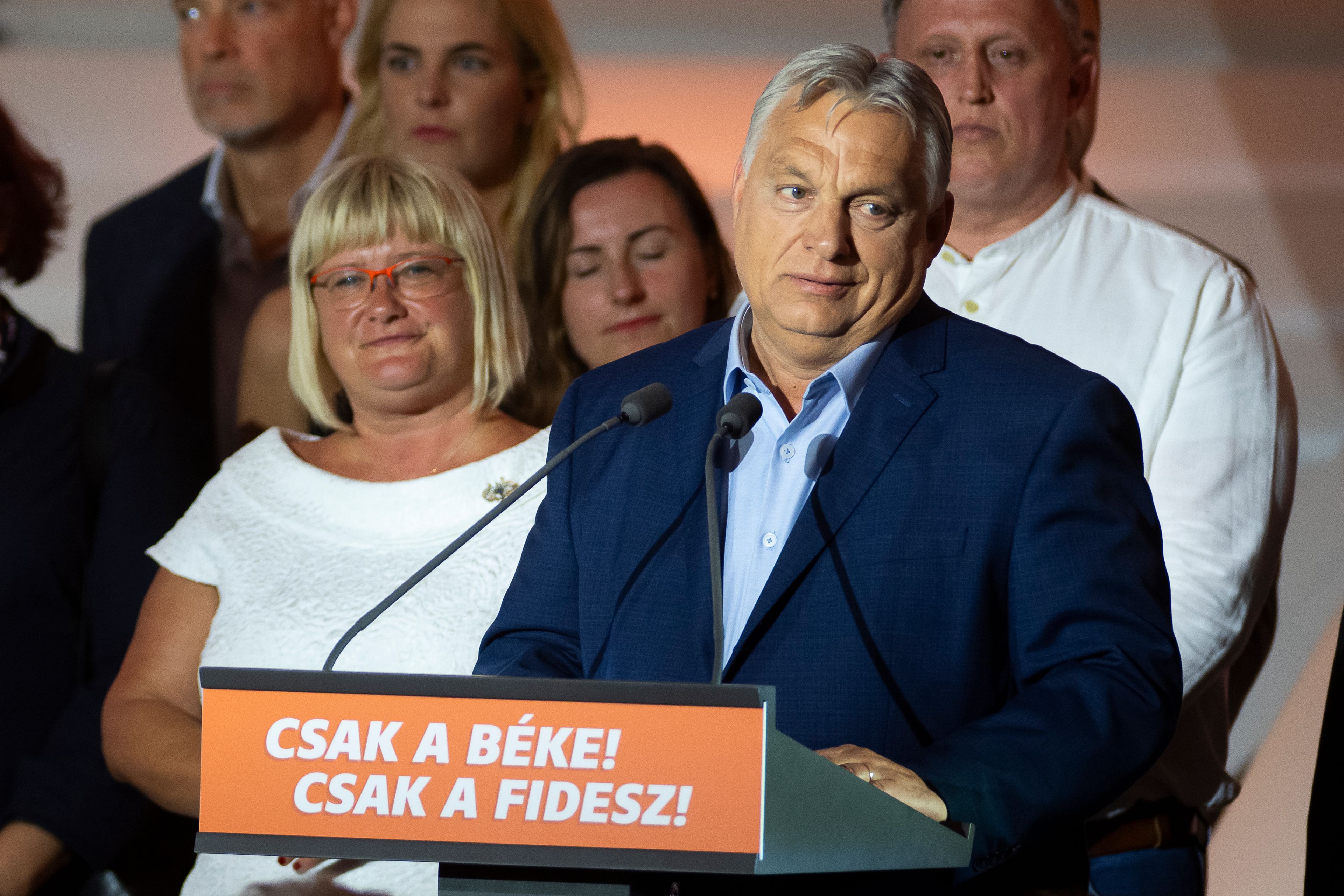 Hungarian Prime Minister Viktor Orban addresses the media after receiving the results of the European Parliamentary elections in Budapest, Hungary, Monday, June 10, 2024.