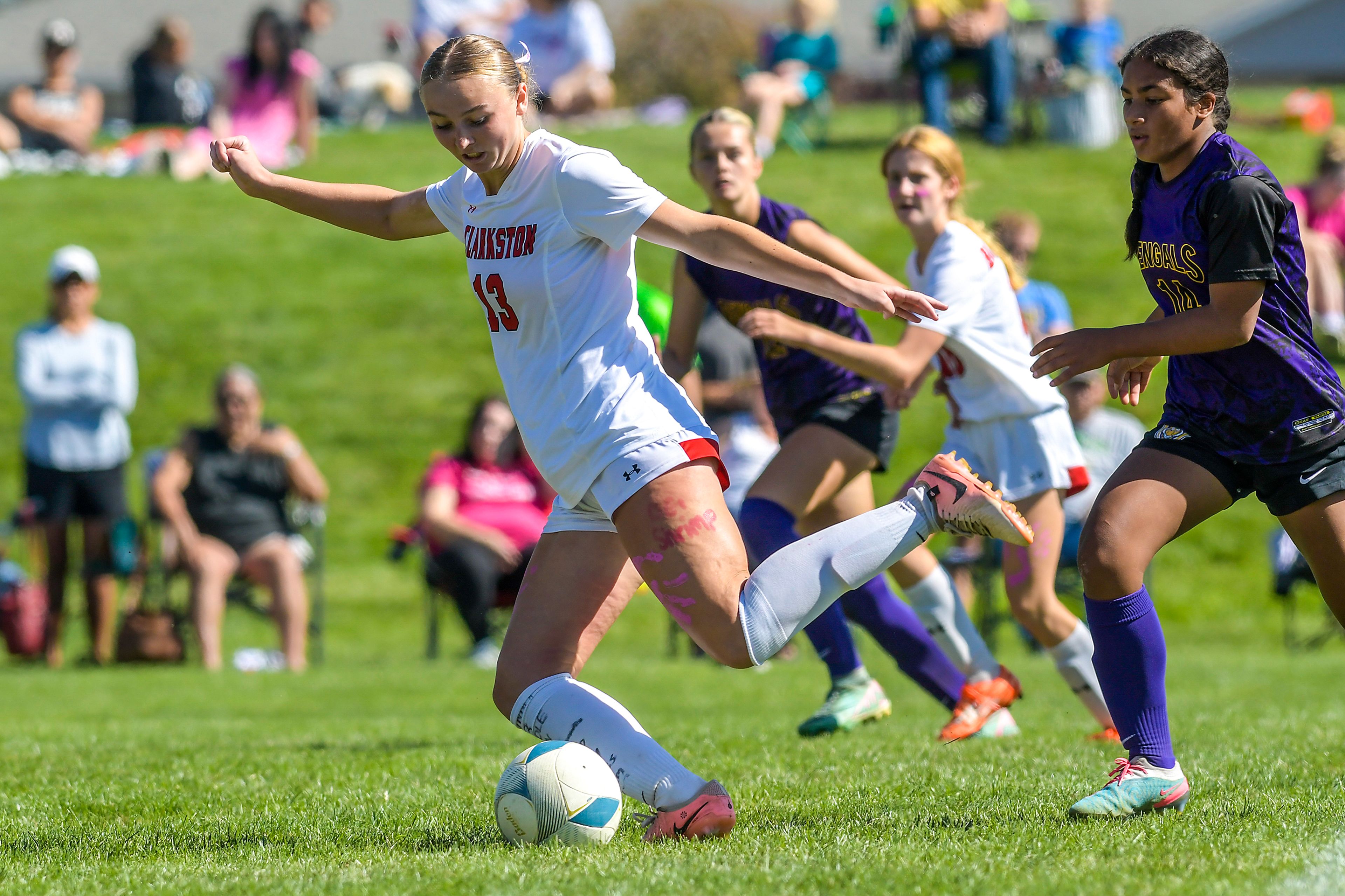 Clarkston's Rebecca Skinner prepares to take a shot against Lewiston during a nonconference game Sept. 21 at Walker Field in Lewiston.