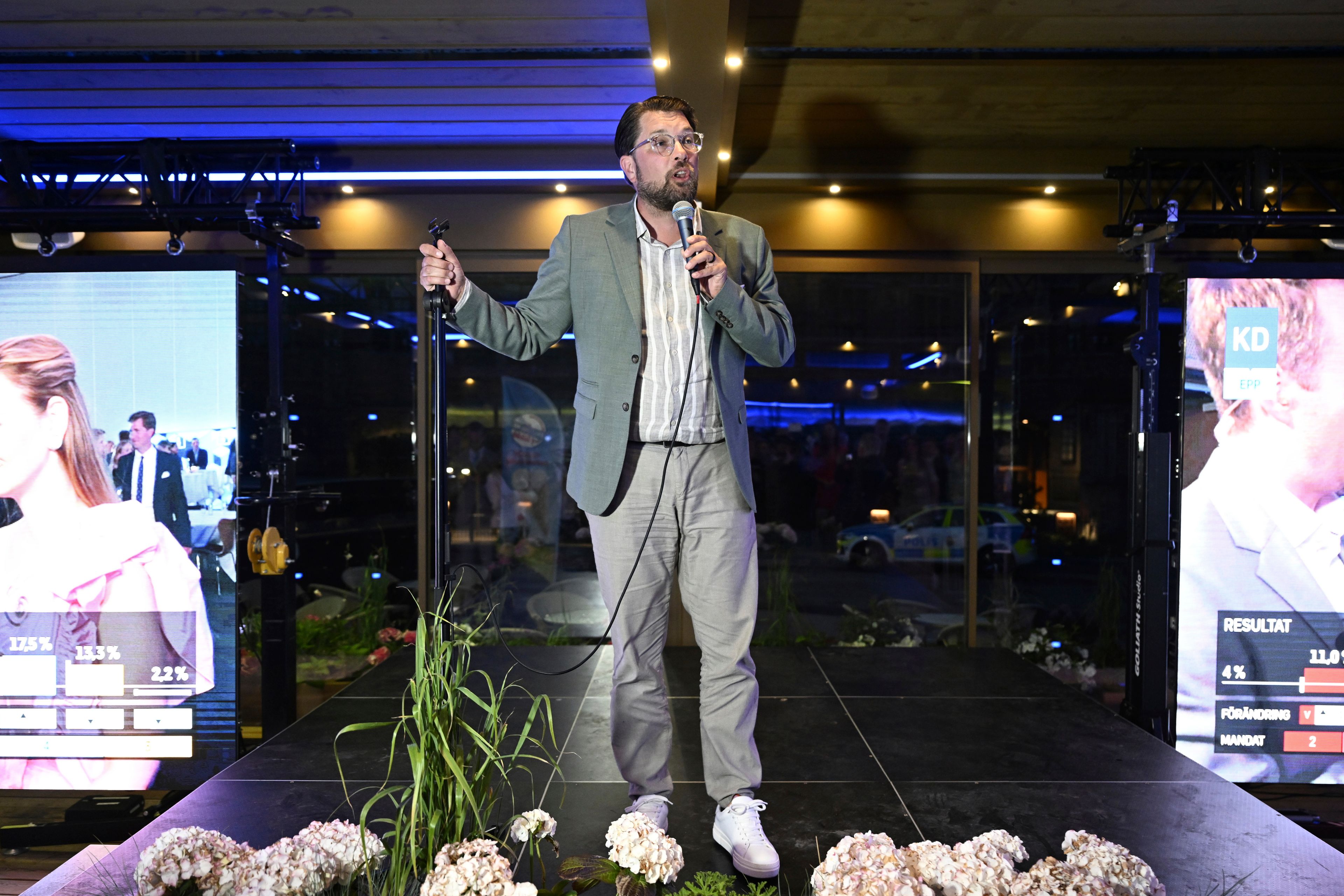 Sweden Democrats' party leader Jimmie Åkesson speaks at the Sweden Democrats' election watchl at restaurant Josefina on Djurgården in Stockholm, Sweden.