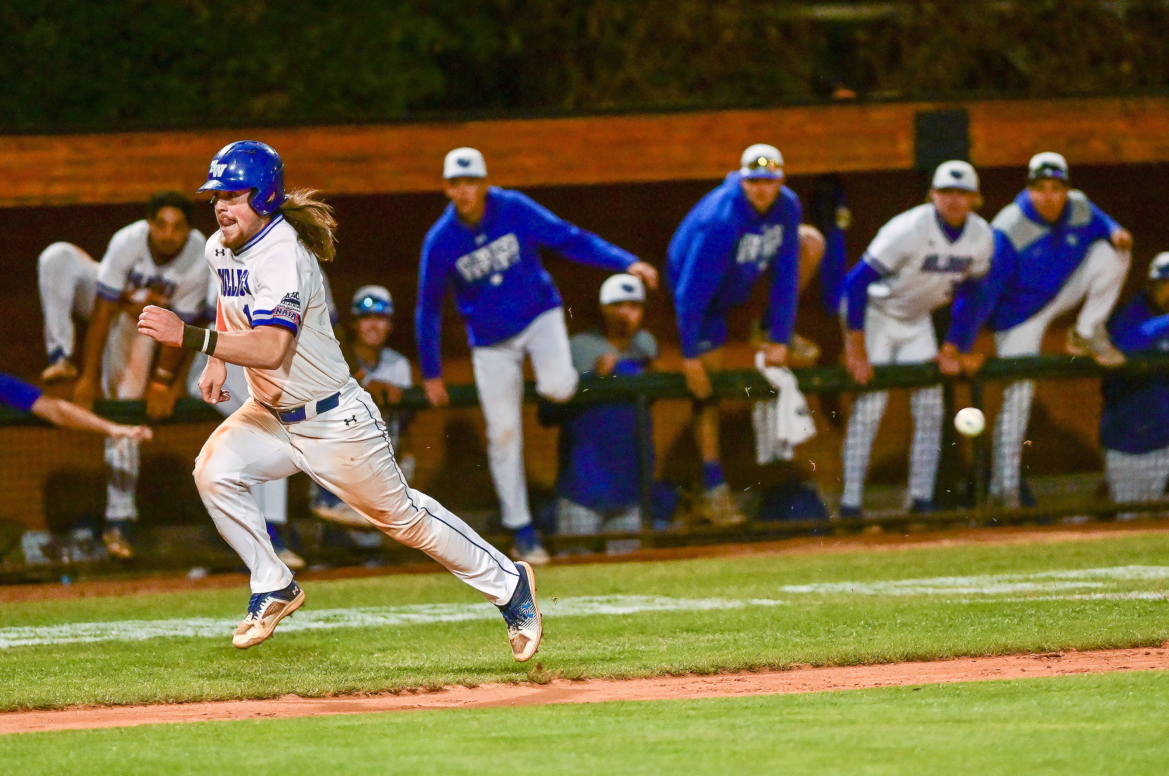 Tennessee Wesleyan players begin jumping out of the dugout as Evan Magill runs to home plate for a win in Game 18 of the NAIA World Series against Reinhardt on Thursday at Harris Field in Lewiston.