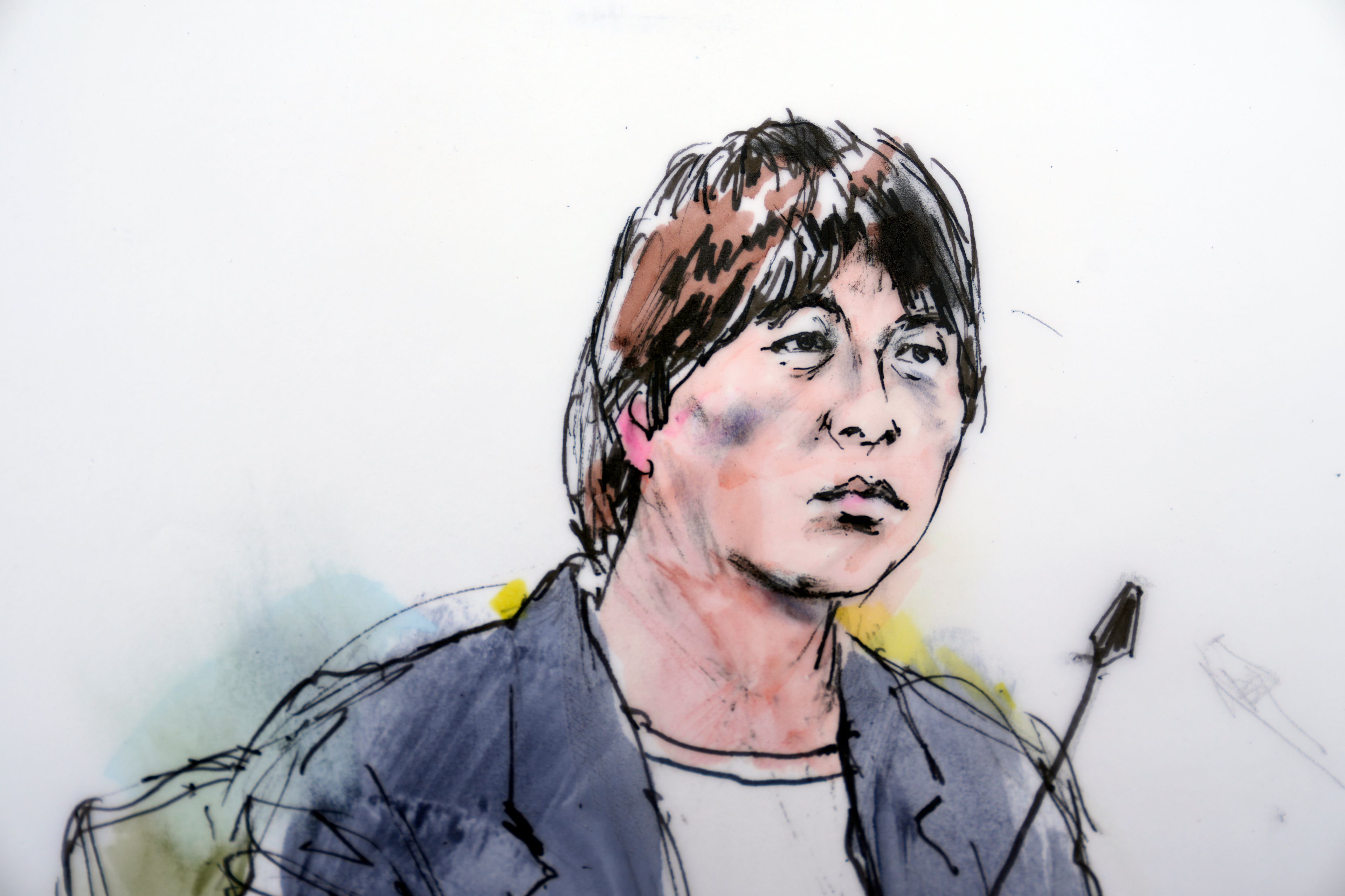 In this courtroom sketch, Ippei Mizuhara, the former interpreter for the Los Angeles Dodgers star Shohei Ohtani, appears in federal court in Los Angeles, Tuesday, June 4, 2024. Mizuhara pleaded guilty to bank and tax fraud on Tuesday and admitted to stealing nearly $17 million from the Japanese baseball player to pay off sports betting debts.