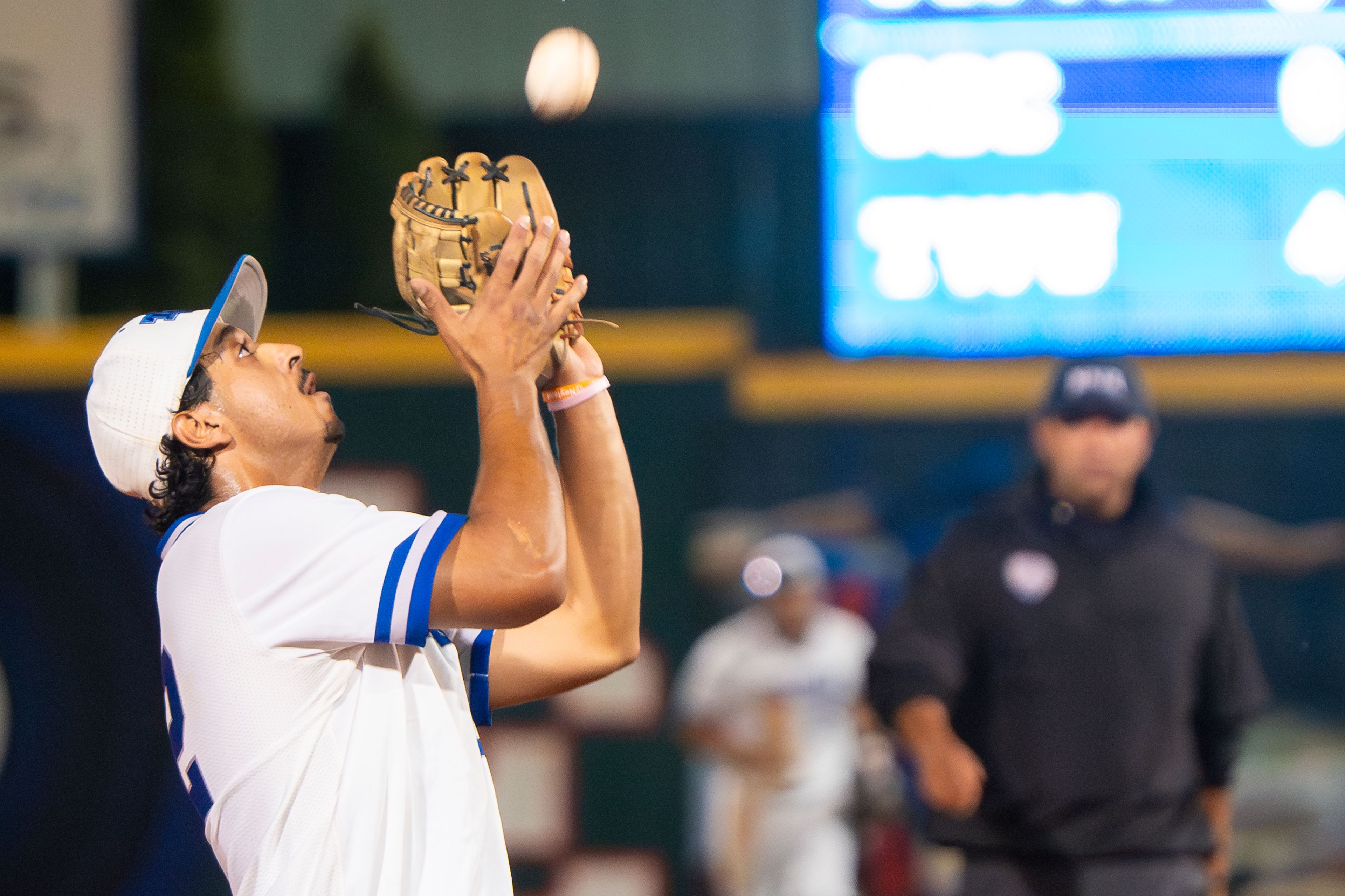 Tennessee Wesleyan’s Marco Martinez catches a fly ball during Game 12 of the NAIA World Series against Georgia Gwinnett on Monday at Harris Field in Lewiston.