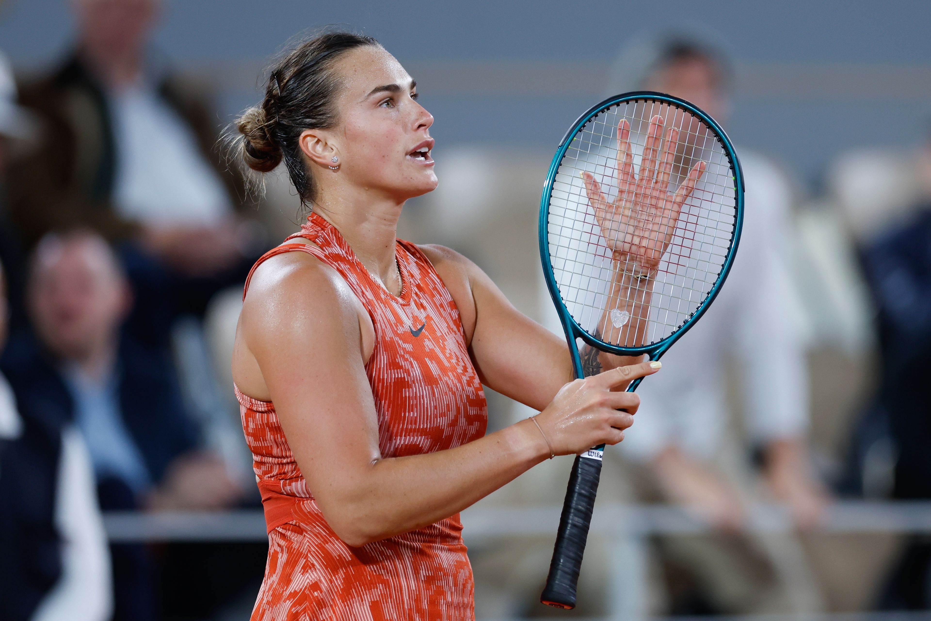 Aryna Sabalenka of Belarus celebrates winning her first round match of the French Open tennis tournament against Russia's Erika Andreeva at the Roland Garros stadium in Paris, Tuesday, May 28, 2024.