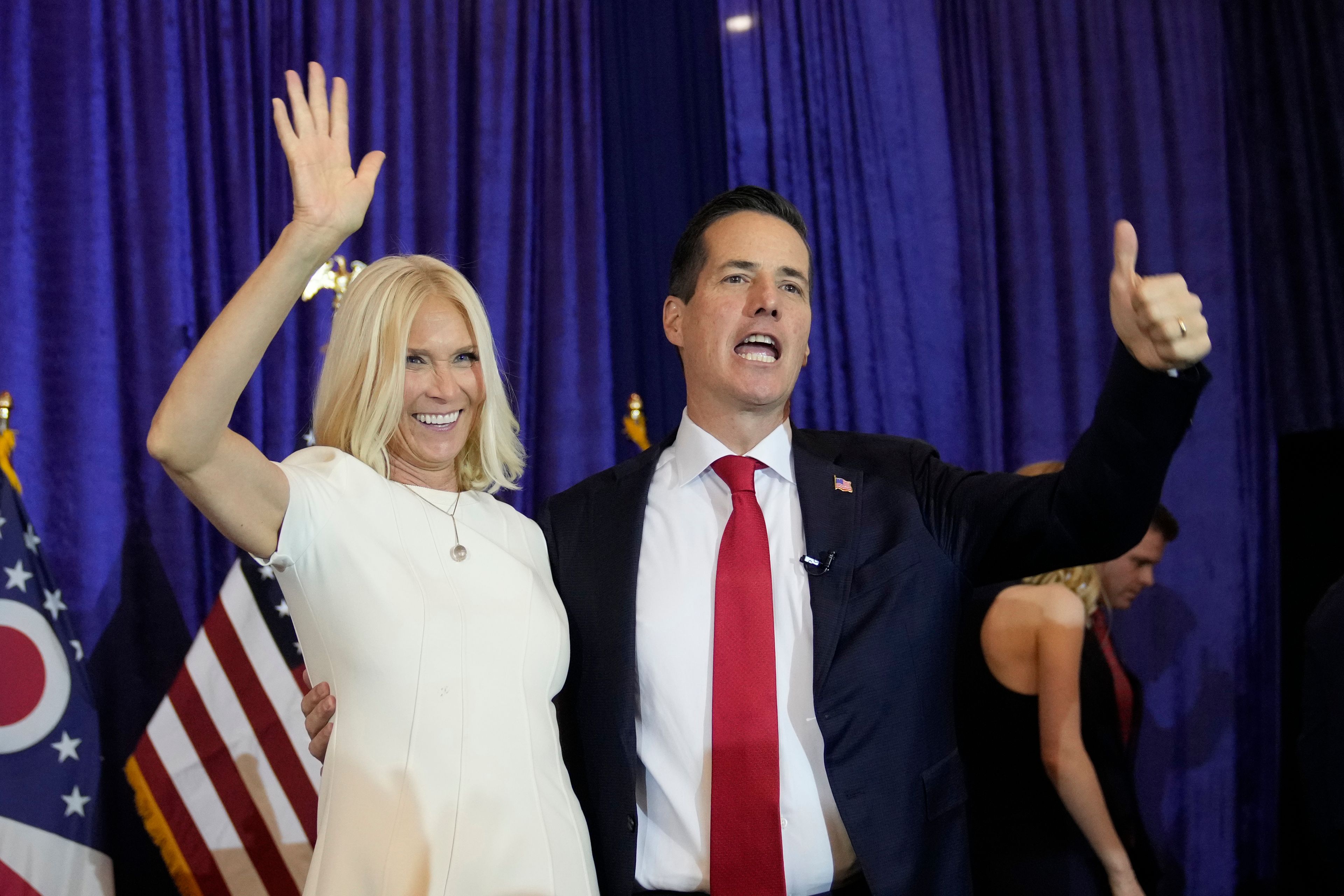 Ohio Republican Senate candidate Bernie Moreno during a watch party on election night, Tuesday, Nov. 5, 2024, in Westlake, Ohio, with his wife Bridget. (AP Photo/Sue Ogrocki)