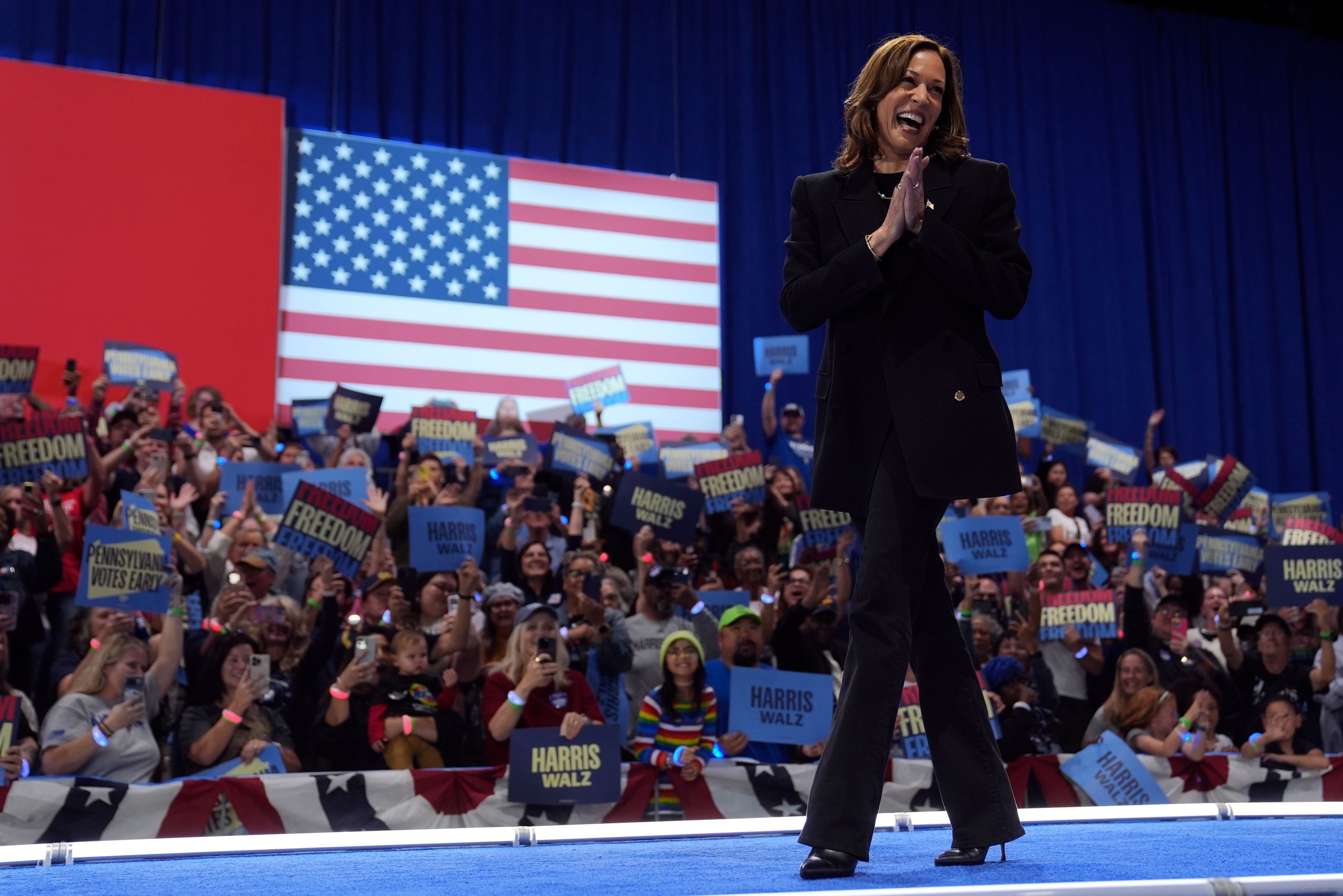 Democratic presidential nominee Vice President Kamala Harris arrives during a campaign event at the PA Farm Show Complex and Expo Center, Wednesday, Oct. 30, 2024, in Harrisburg, Pa. (AP Photo/Matt Rourke)