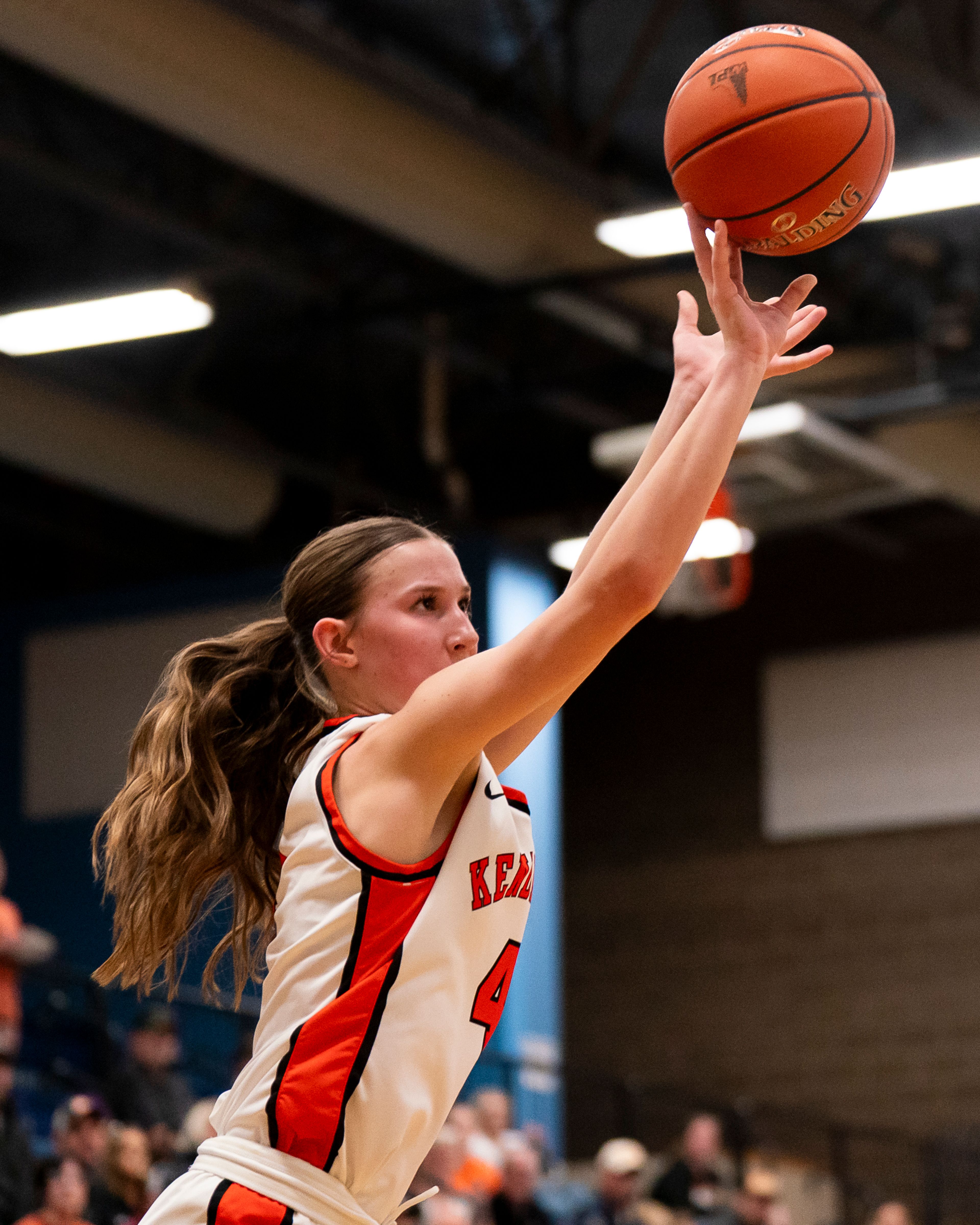 Kendrick’s Hali Anderson shoots a 3-point shot during a district championship game against Deary on Feb. 7 at Lapwai.