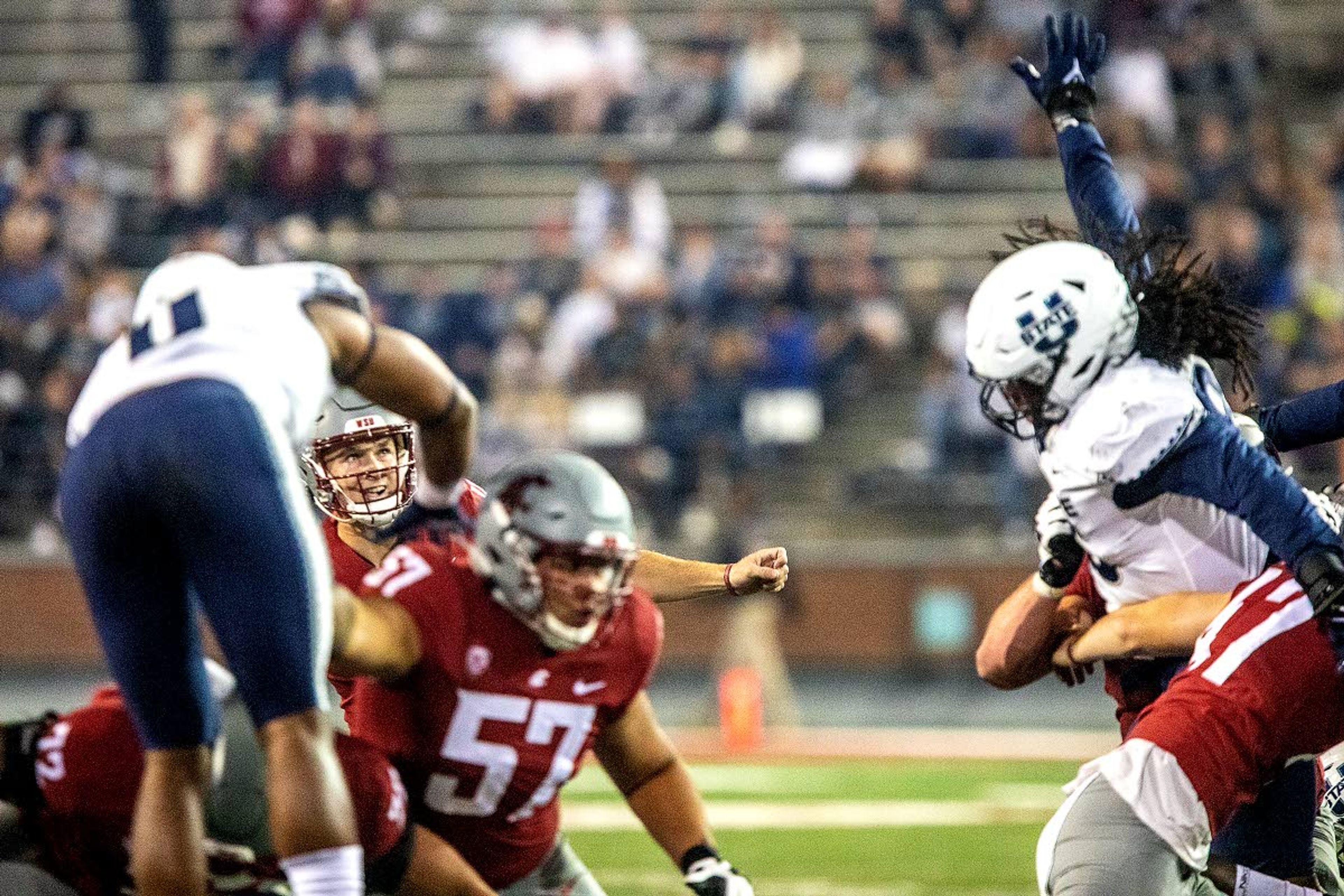 Washington State kicker Dean Janikowski (49) watches his kick head for the goal posts during a game against Utah State on Sept. 4, 2021, at Gesa Field in Pullman