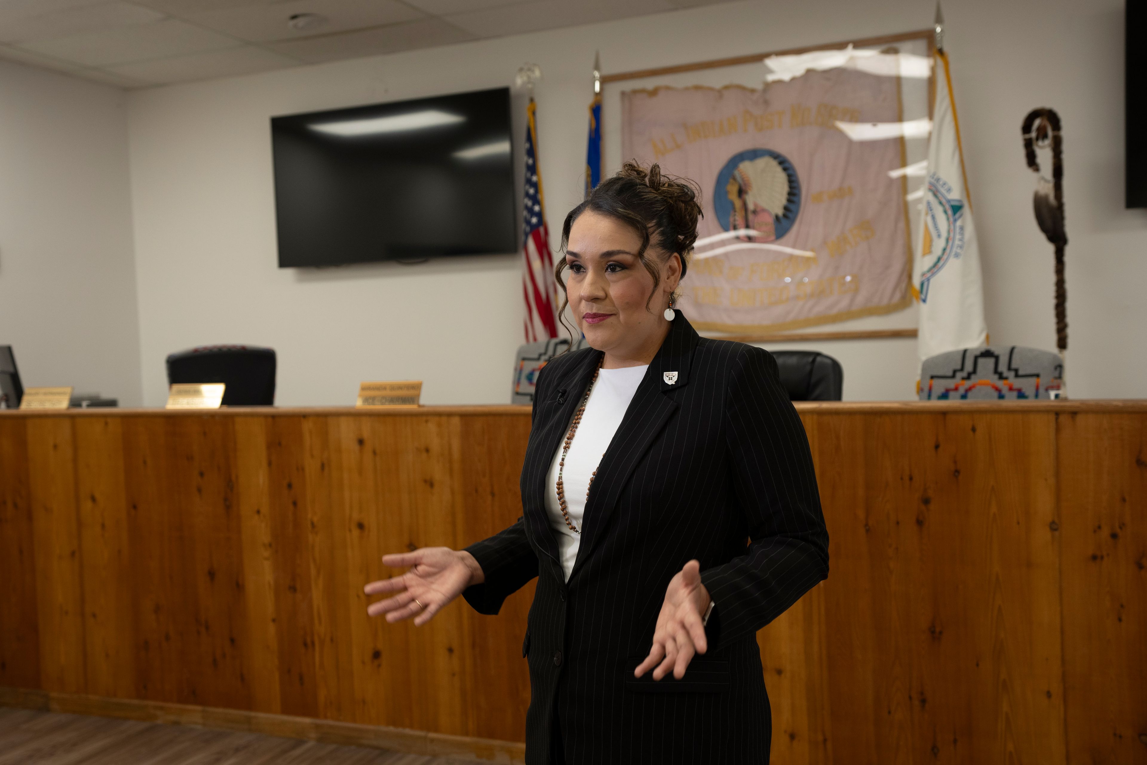 Andrea Martinez, chairwoman of the Walker River Paiute Tribe reservation speaks during an interview with The Associated Press at the Walker River reservation in Nev., Tuesday, May 14, 2024. The use of electronic balloting has been quietly expanding in recent years to cover the disabled and, in Nevada this year, Native American tribes. Election security experts are warning of the risk that ballots submitted on a computer can be digitally intercepted or manipulated.