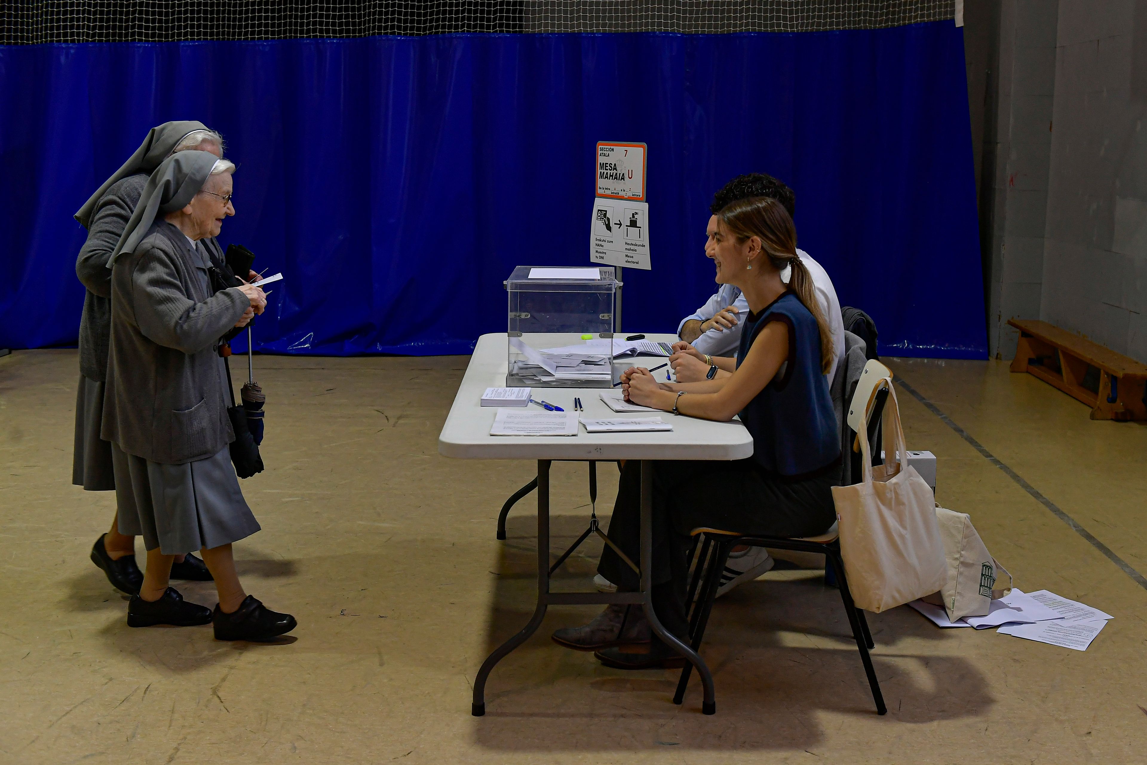 Two nuns arrive to vote at a polling station in Pamplona, northern Spain, on Sunday, June 9, 2024. Pivotal elections for the European Union parliament reach their climax Sunday as the 27 nations go to the polls and results are announced in a vote that boils down to a continent-wide battle between eurosceptic populists and proponents of closer EU unity.