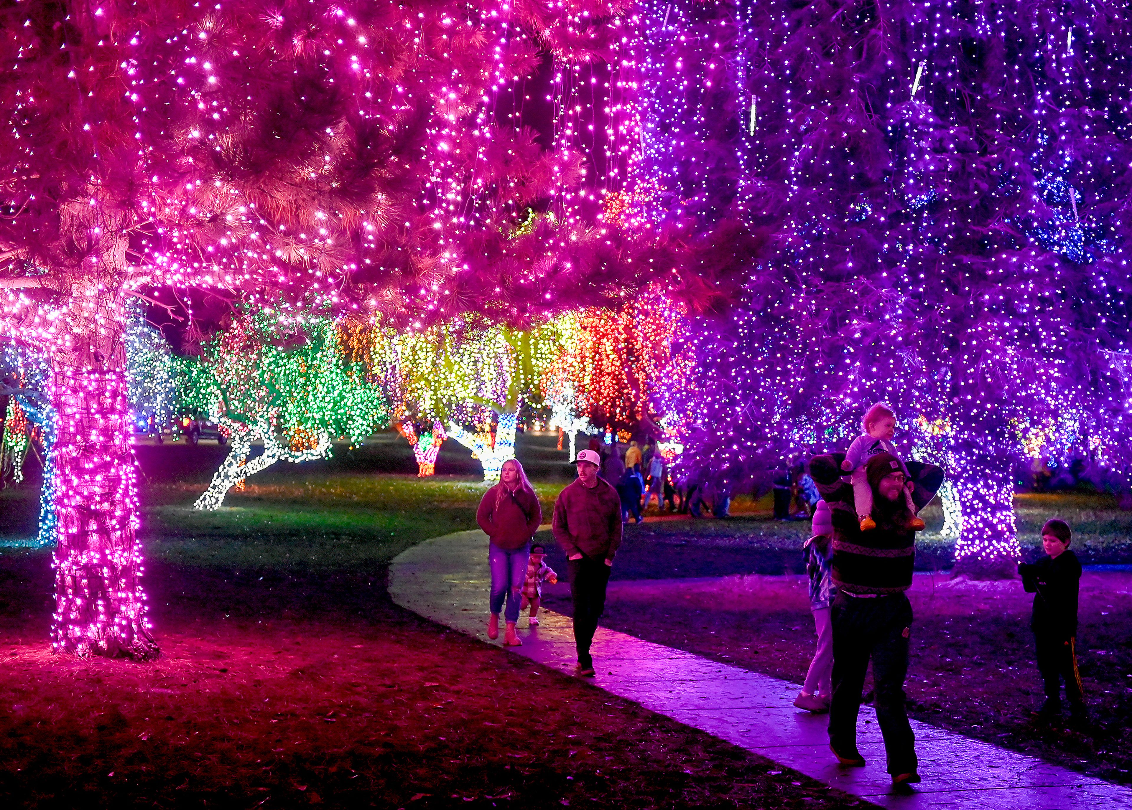 Lights hang from trees along a path at Locomotive Park Saturday after the opening of the Winter Spirit holiday in Lewiston.