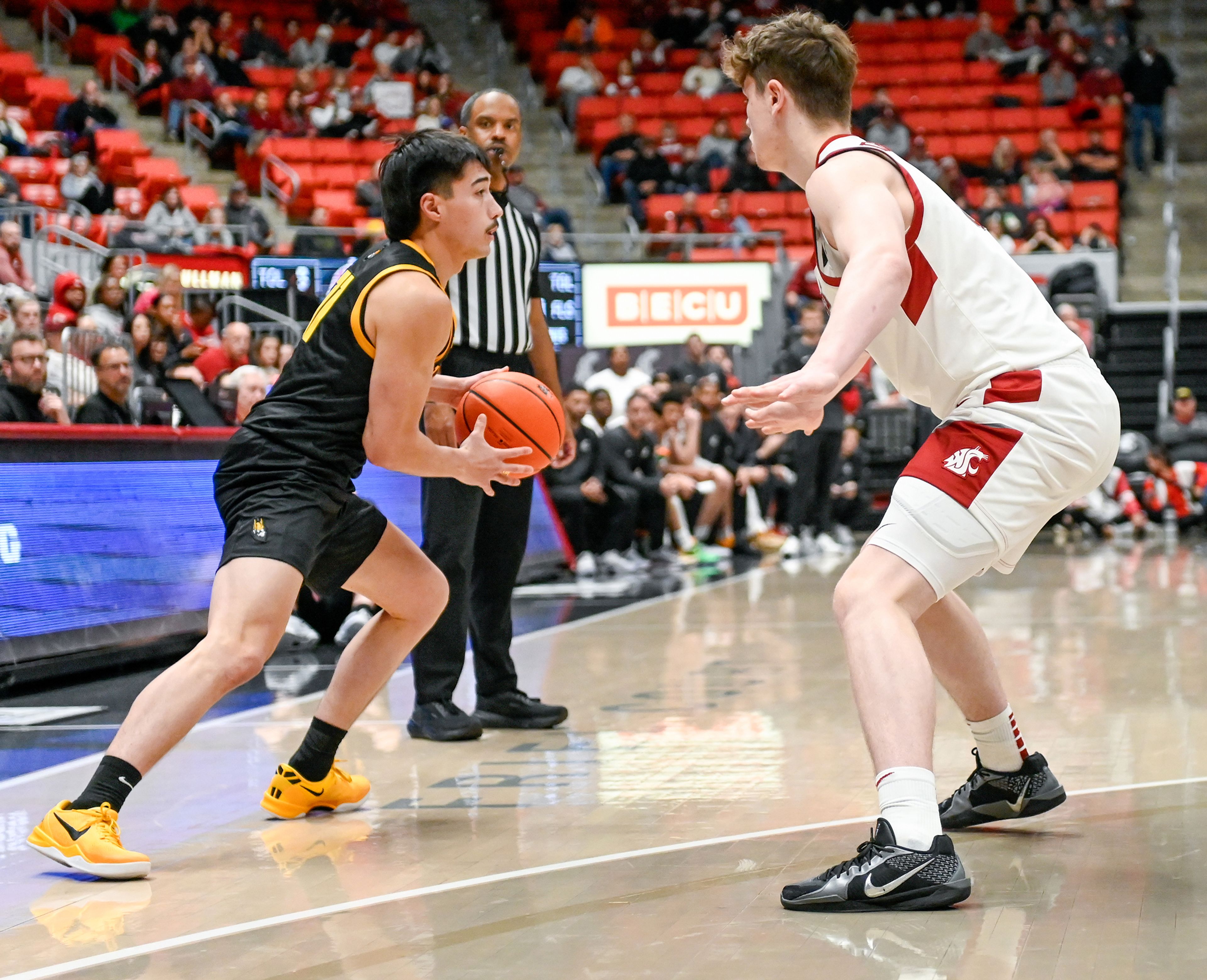 Idaho guard Titus Yearout is guarded by Washington State guard Tomas Thrastarson Monday during the Battle of the Palouse Monday at Beasley Coliseum in Pullman.